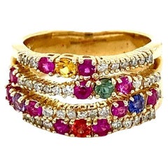 1.42 Carat Natural Multi Color Sapphire Diamond Yellow Gold Cocktail Ring
