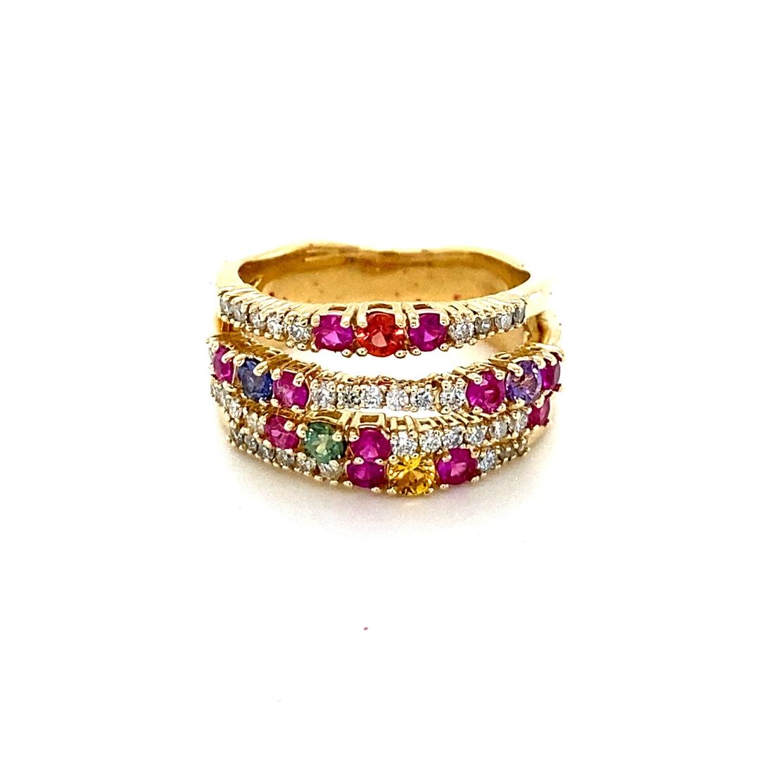 Women's 1.42 Carat Natural Multi Color Sapphire Diamond Yellow Gold Cocktail Ring For Sale