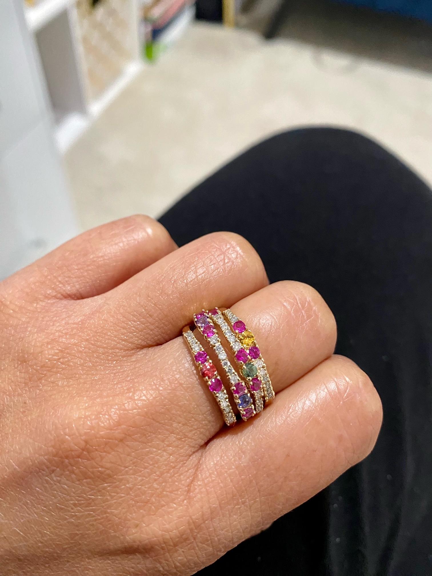 1.42 Carat Natural Multi Color Sapphire Diamond Yellow Gold Cocktail Ring For Sale 3