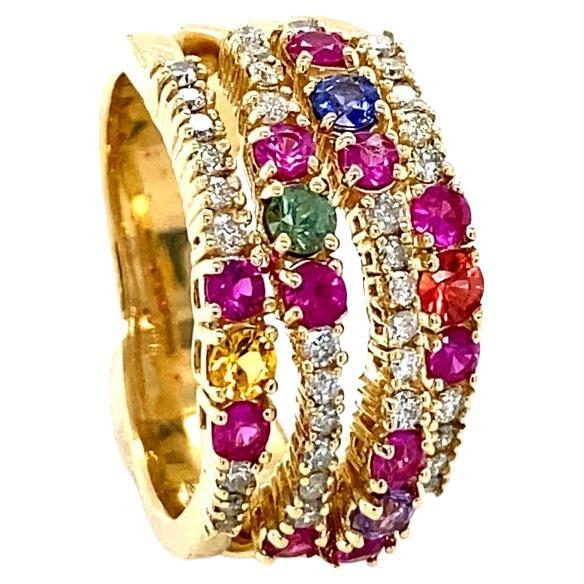 1.42 Carat Natural Multi Color Sapphire Diamond Yellow Gold Cocktail Ring For Sale