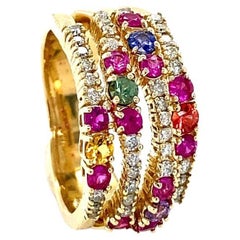 Bague cocktail en or jaune avec saphir naturel multicolore de 1,42 carat et diamants