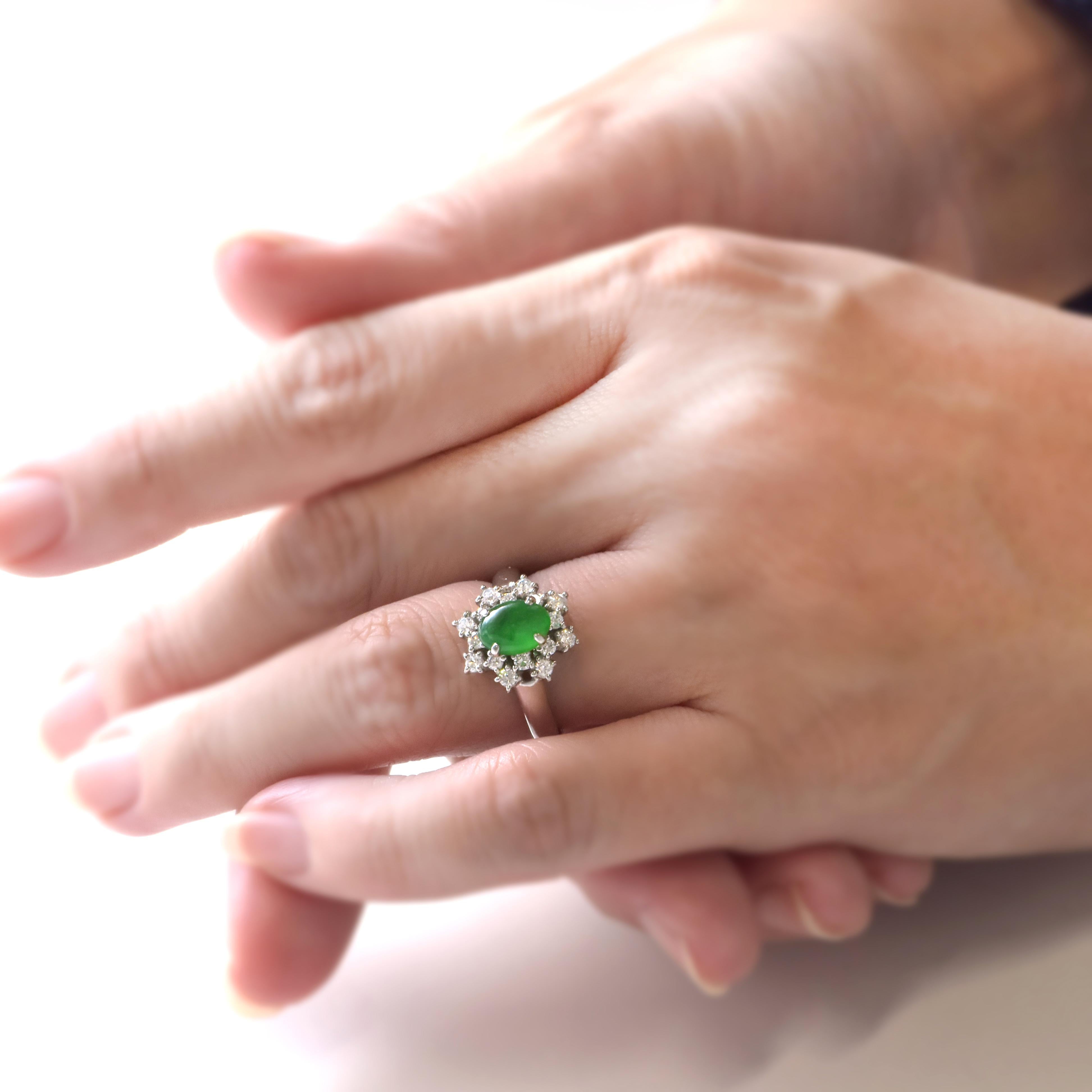 1.42 Carat Natural Type A Jade and Diamond Ring Made in Platinum For Sale 6
