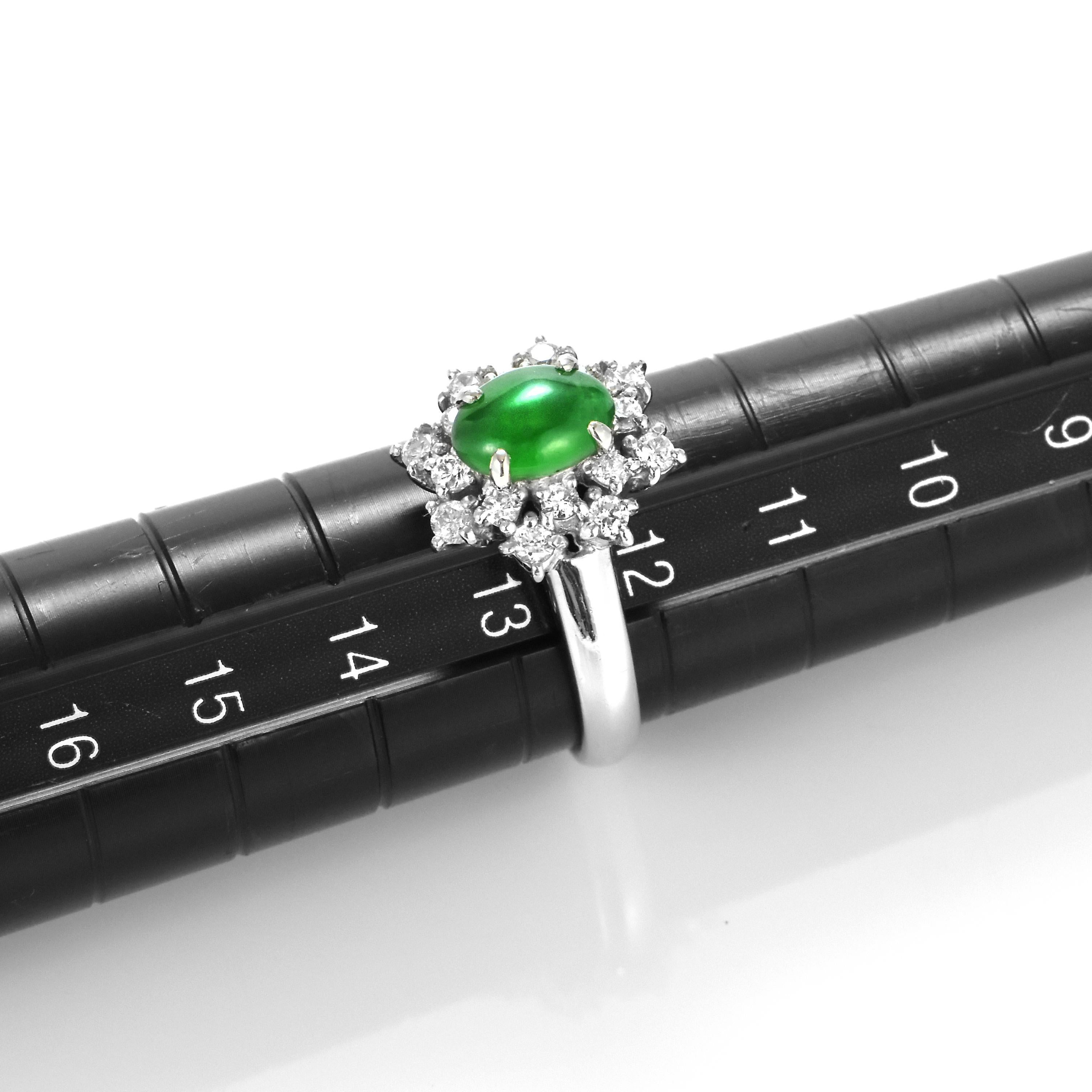 1.42 Carat Natural Type A Jade and Diamond Ring Made in Platinum For Sale 7