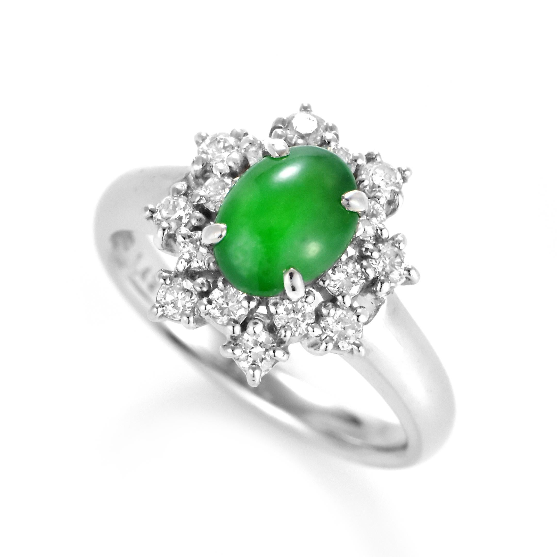 A beautiful Ring featuring a 1.42 Carat, Natural, Non-dyed Jadeite and 0.74 Carats of Diamond Accents set in Platinum. Jadeite has been cherished for millennia. Its nature is pure and enduring, yet sensuous and luxurious. Jadeite’s exceptional look