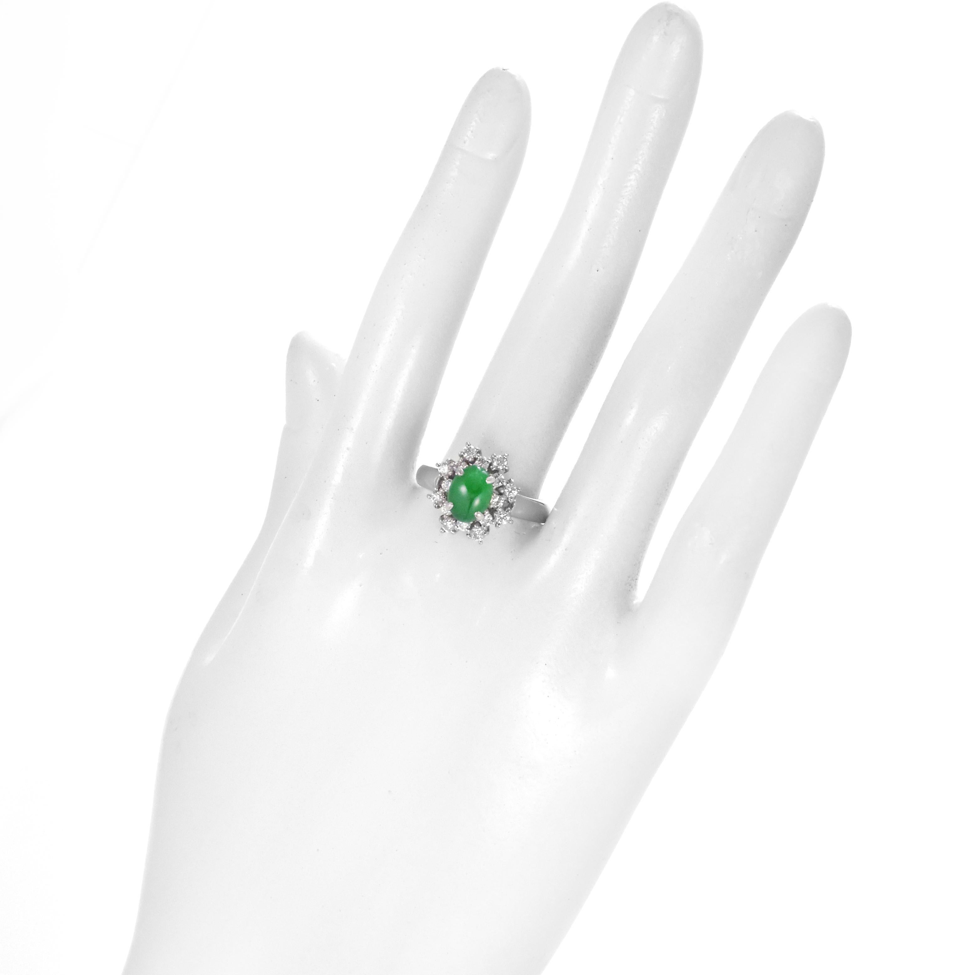 Cabochon 1.42 Carat Natural Type A Jade and Diamond Ring Made in Platinum For Sale