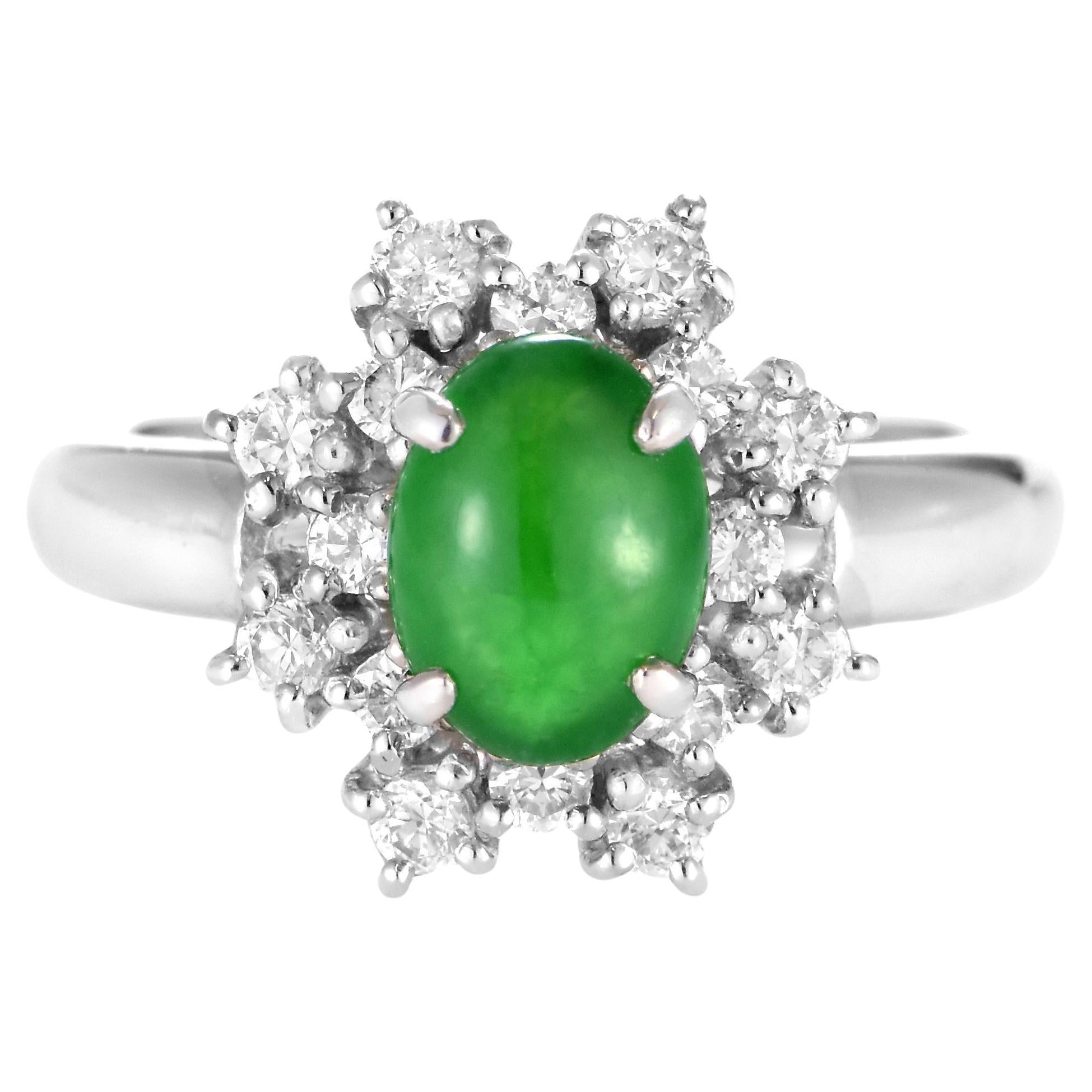 1.42 Carat Natural Type A Jade and Diamond Ring Made in Platinum