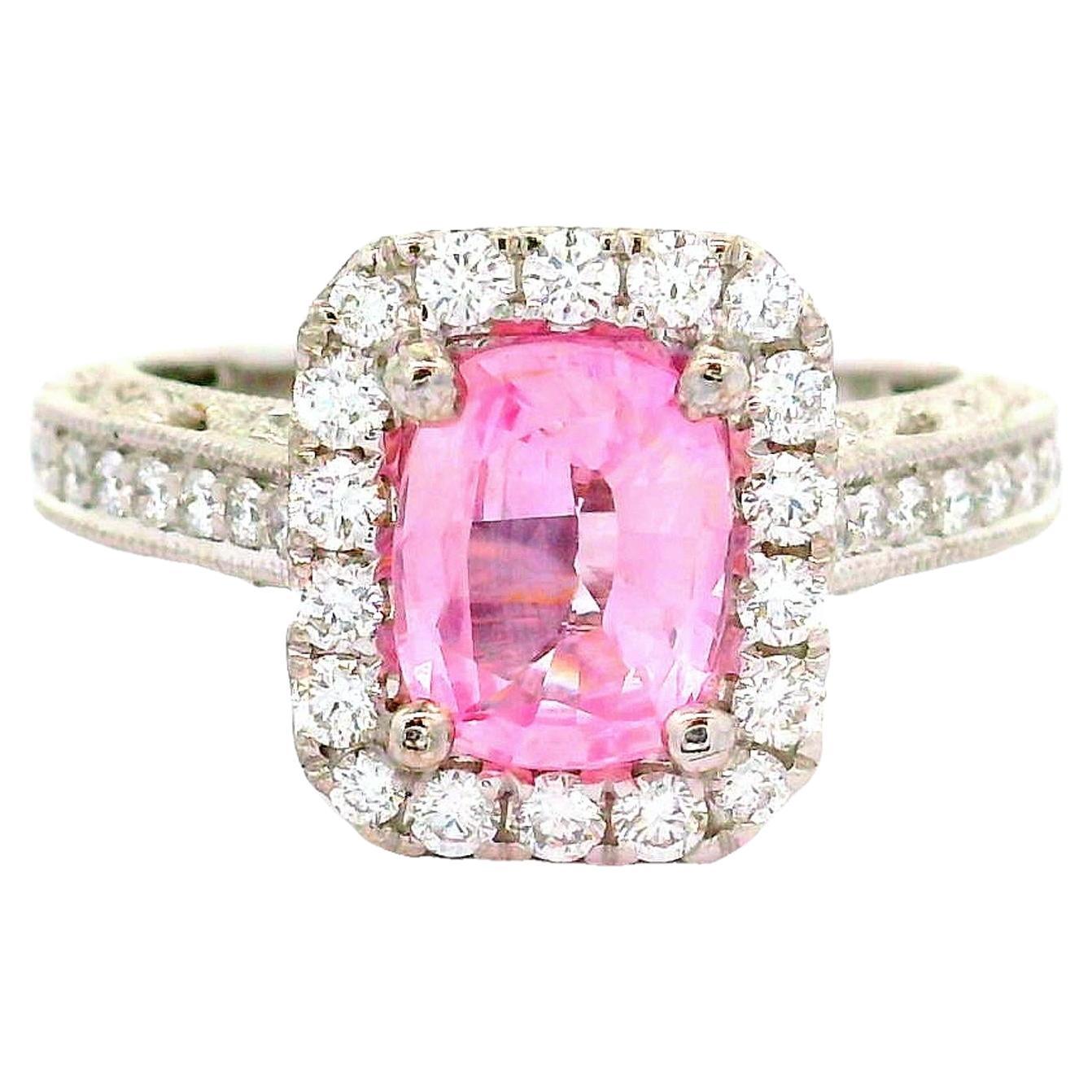 1.42 Carat No-Heat Padparadscha Sapphire Diamond 18k White Gold Halo Ring, GIA