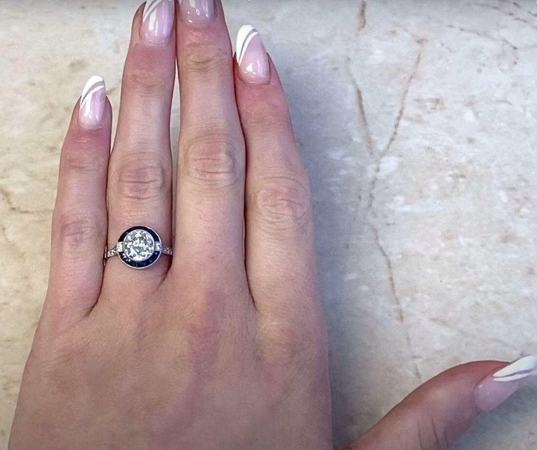 1.42 Carat Old Euro-cut Diamond Engagement Ring, Sapphire Halo, Platinum For Sale 4