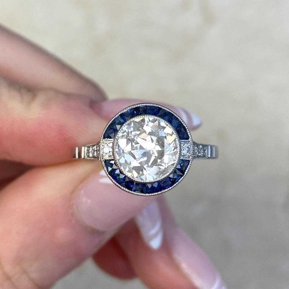 1.42 Carat Old Euro-cut Diamond Engagement Ring, Sapphire Halo, Platinum For Sale 5