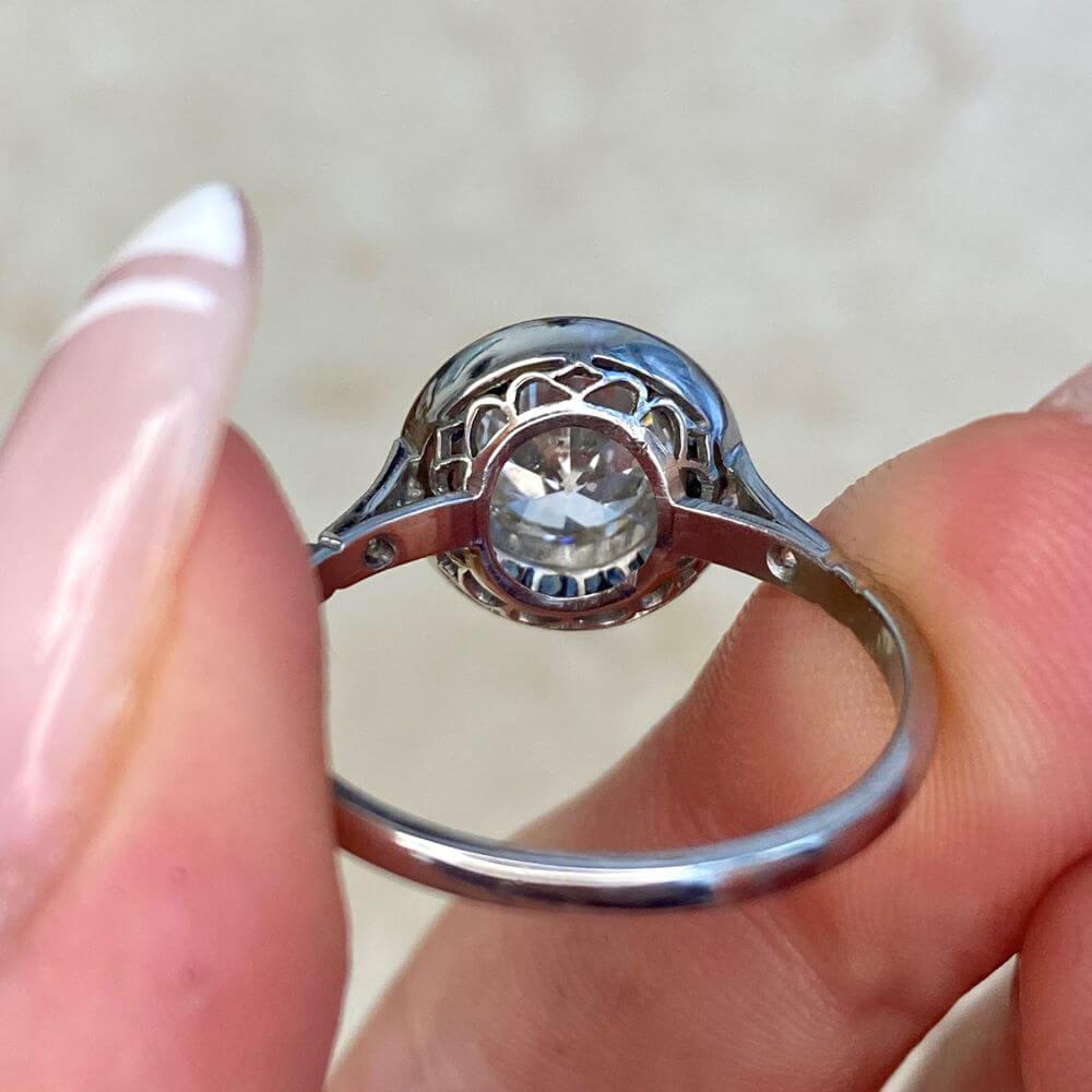 1.42 Carat Old Euro-cut Diamond Engagement Ring, Sapphire Halo, Platinum For Sale 6