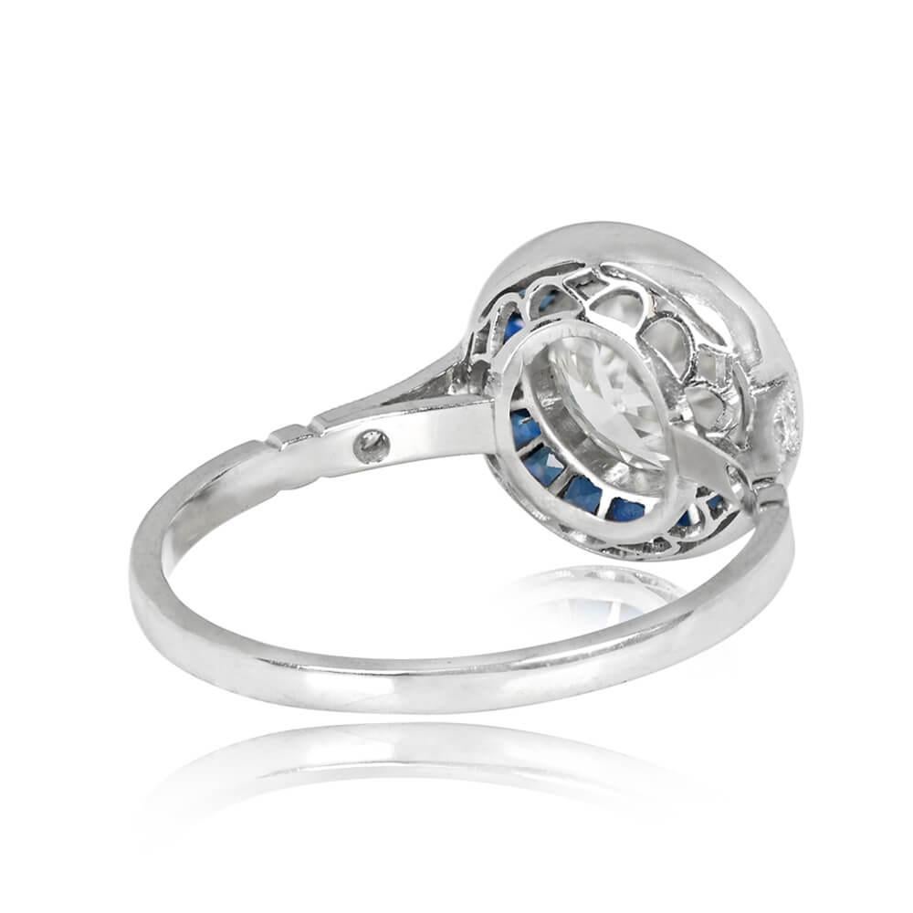 Old European Cut 1.42 Carat Old Euro-cut Diamond Engagement Ring, Sapphire Halo, Platinum For Sale