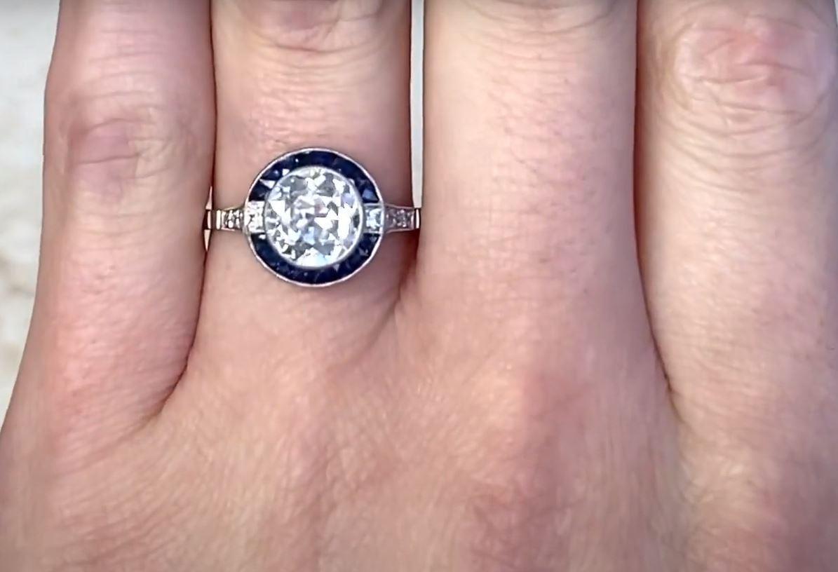 1.42 Carat Old Euro-cut Diamond Engagement Ring, Sapphire Halo, Platinum In Excellent Condition For Sale In New York, NY