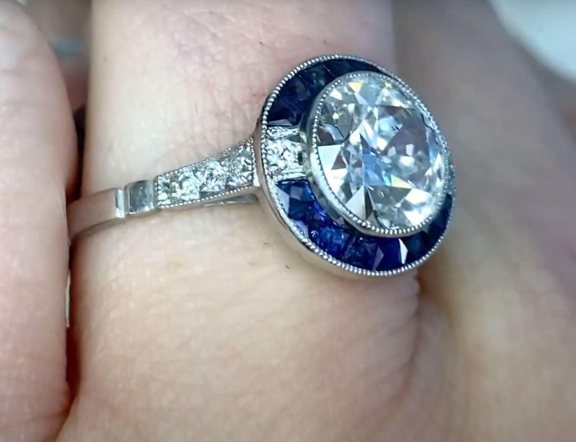 Women's 1.42 Carat Old Euro-cut Diamond Engagement Ring, Sapphire Halo, Platinum For Sale