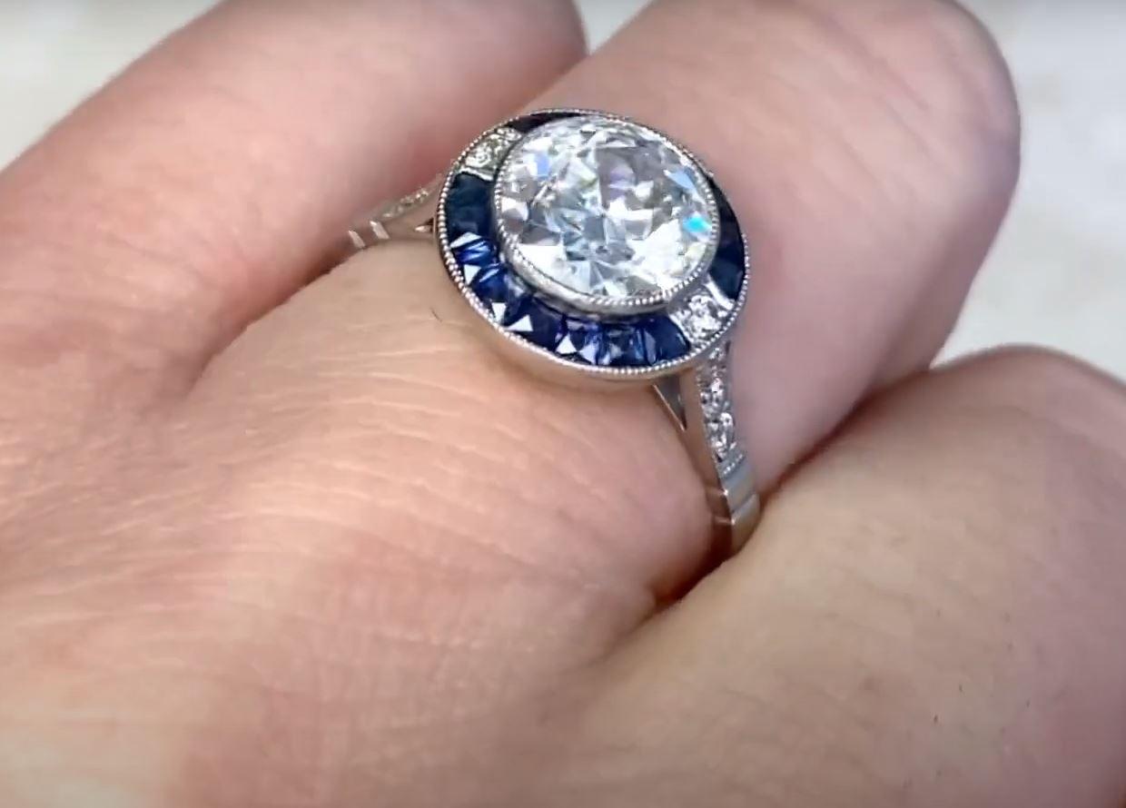 1.42 Carat Old Euro-cut Diamond Engagement Ring, Sapphire Halo, Platinum For Sale 1