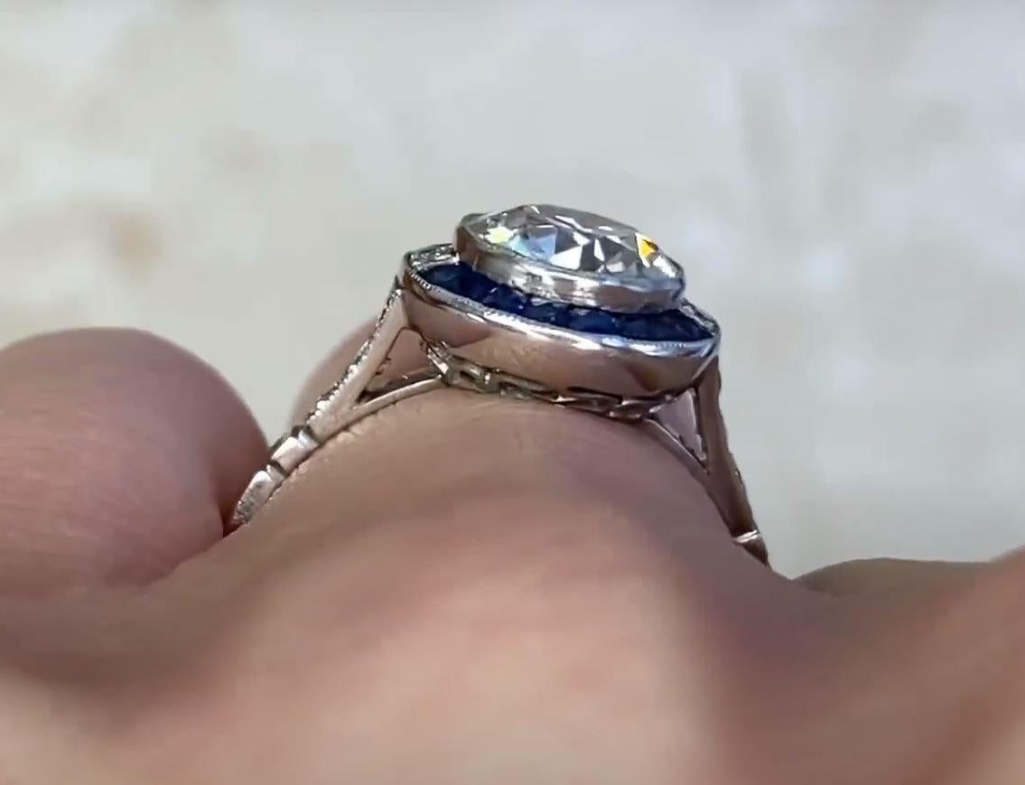 1.42 Carat Old Euro-cut Diamond Engagement Ring, Sapphire Halo, Platinum For Sale 2
