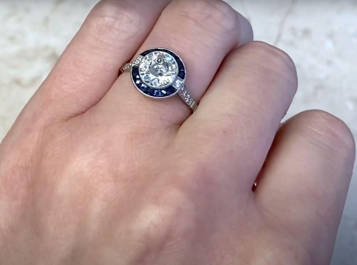 1.42 Carat Old Euro-cut Diamond Engagement Ring, Sapphire Halo, Platinum For Sale 3