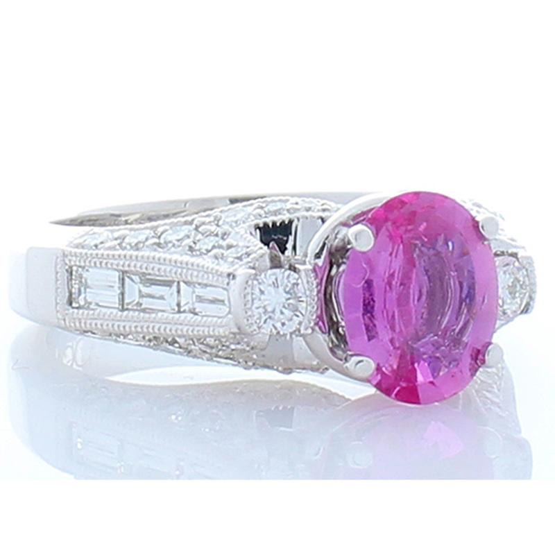 Contemporary AGL Certified 1.42 Carat Oval Pink Sapphire & Diamond Ring in 18 K White Gold