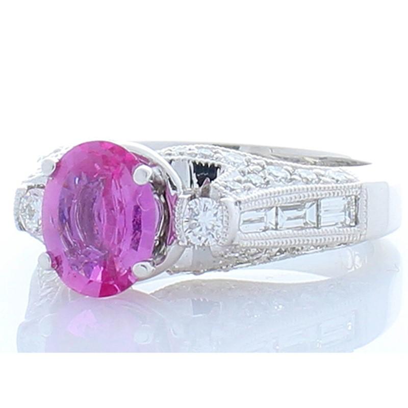 Oval Cut AGL Certified 1.42 Carat Oval Pink Sapphire & Diamond Ring in 18 K White Gold