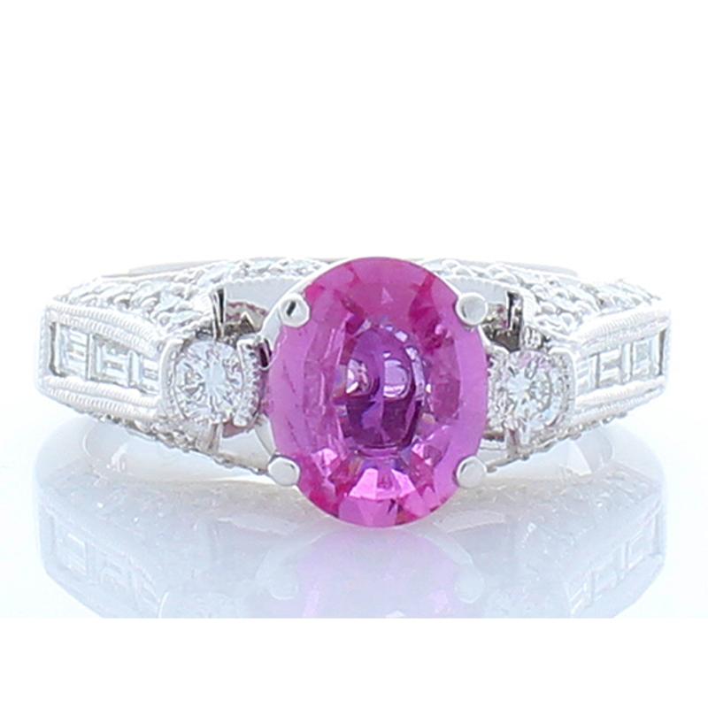 AGL Certified 1.42 Carat Oval Pink Sapphire & Diamond Ring in 18 K White Gold In New Condition In Chicago, IL