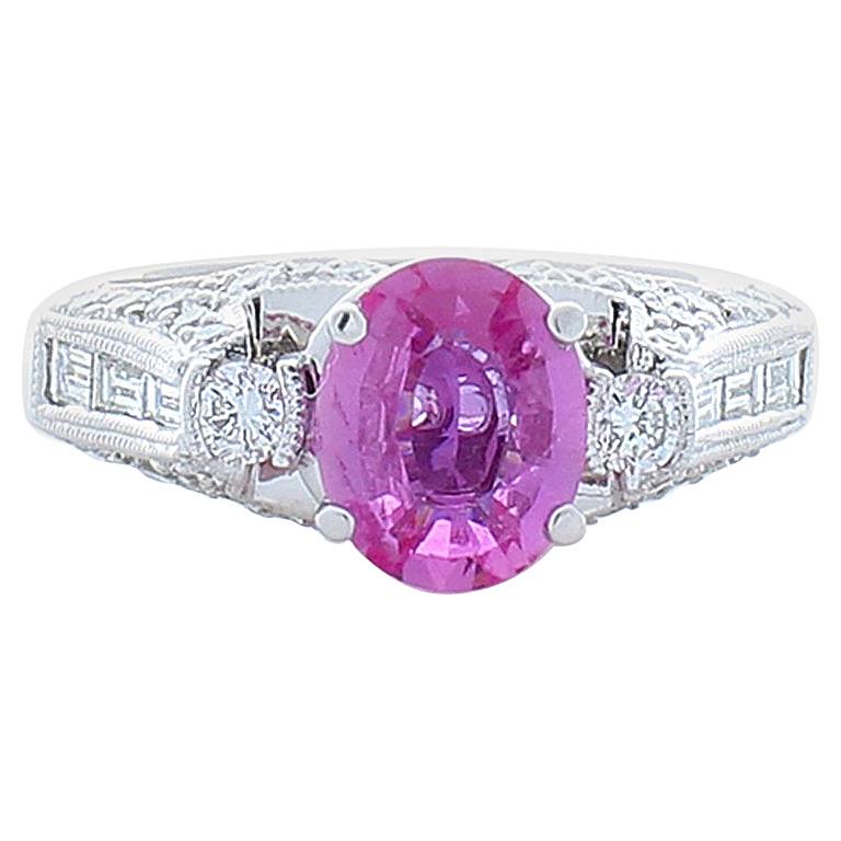 AGL Certified 1.42 Carat Oval Pink Sapphire & Diamond Ring in 18 K White Gold