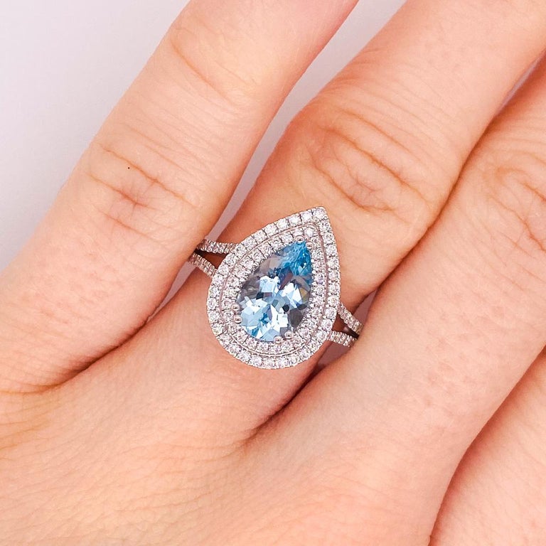 Bague Halo En Or 18 Carats Avec Diamants Bleu Aqua - Taille UK 3.5 - Occasion Vintage En Très Bon état