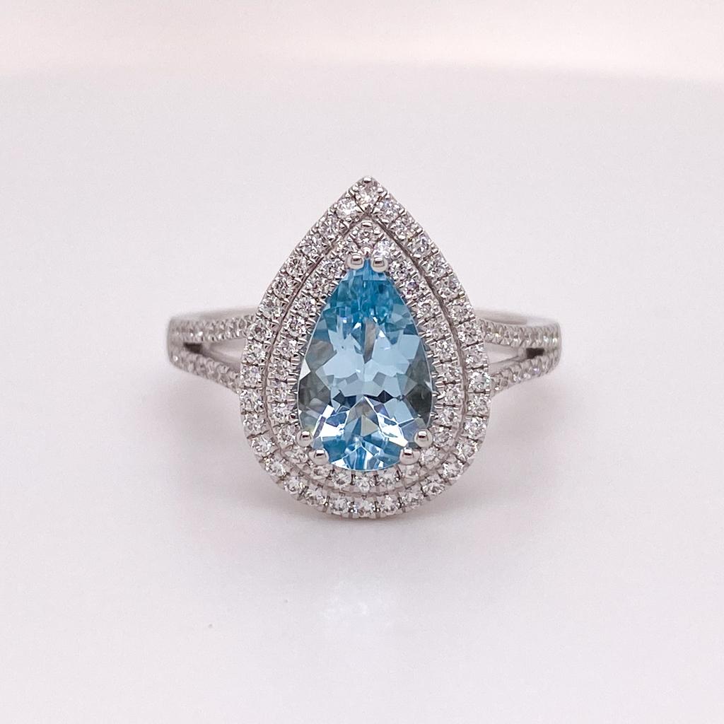 Contemporary Aqua Double Halo 18K White Gold Ring Aquamarine Diamond 1.8 Carats Split Shank For Sale