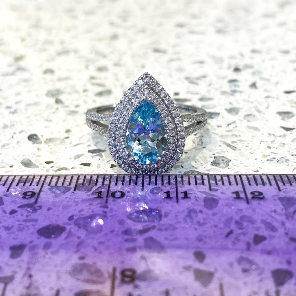 Aqua Double Halo 18K White Gold Ring Aquamarine Diamond 1.8 Carats Split Shank In New Condition For Sale In Austin, TX