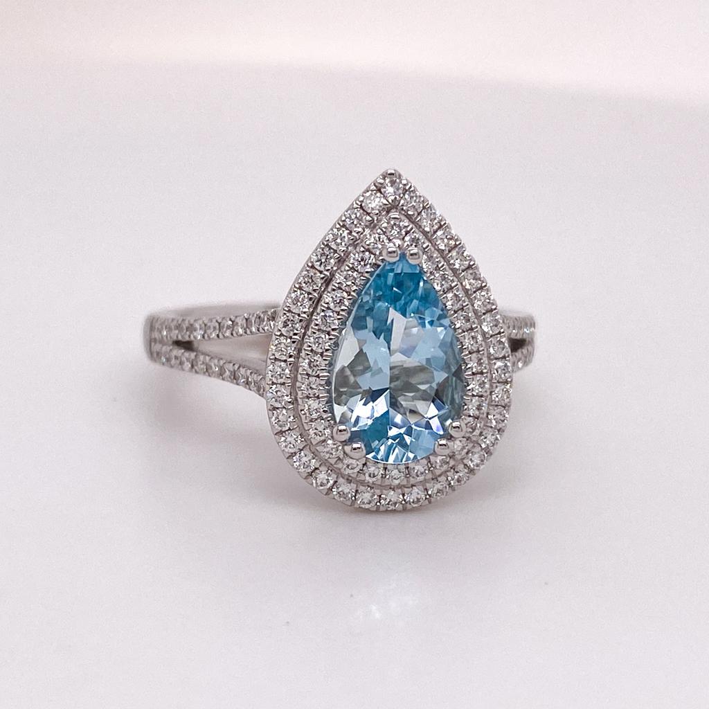 Women's Aqua Double Halo 18K White Gold Ring Aquamarine Diamond 1.8 Carats Split Shank For Sale