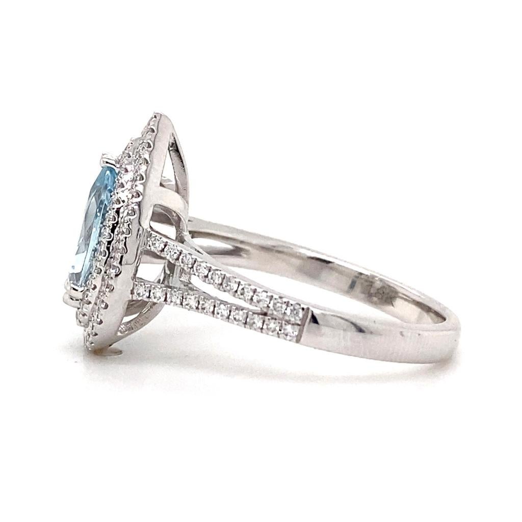 Aqua Double Halo 18K White Gold Ring Aquamarine Diamond 1.8 Carats Split Shank For Sale 3