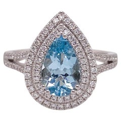 Aqua Double Halo 18K White Gold Ring Aquamarine Diamond 1.8 Carats Split Shank