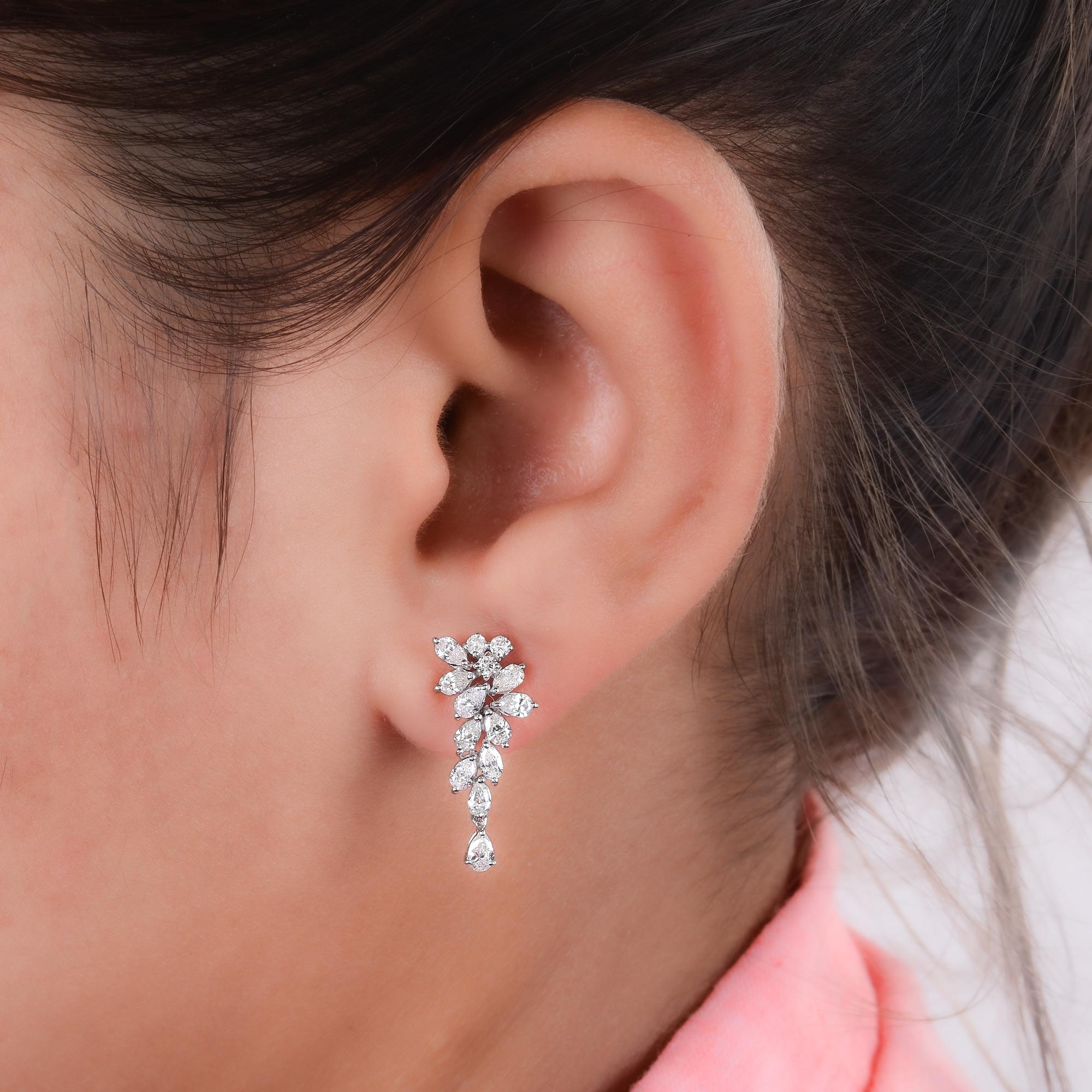 Pear Cut 1.42 Carat Pear & Round Diamond Dangle Earrings 14 Karat White Gold Fine Jewelry For Sale