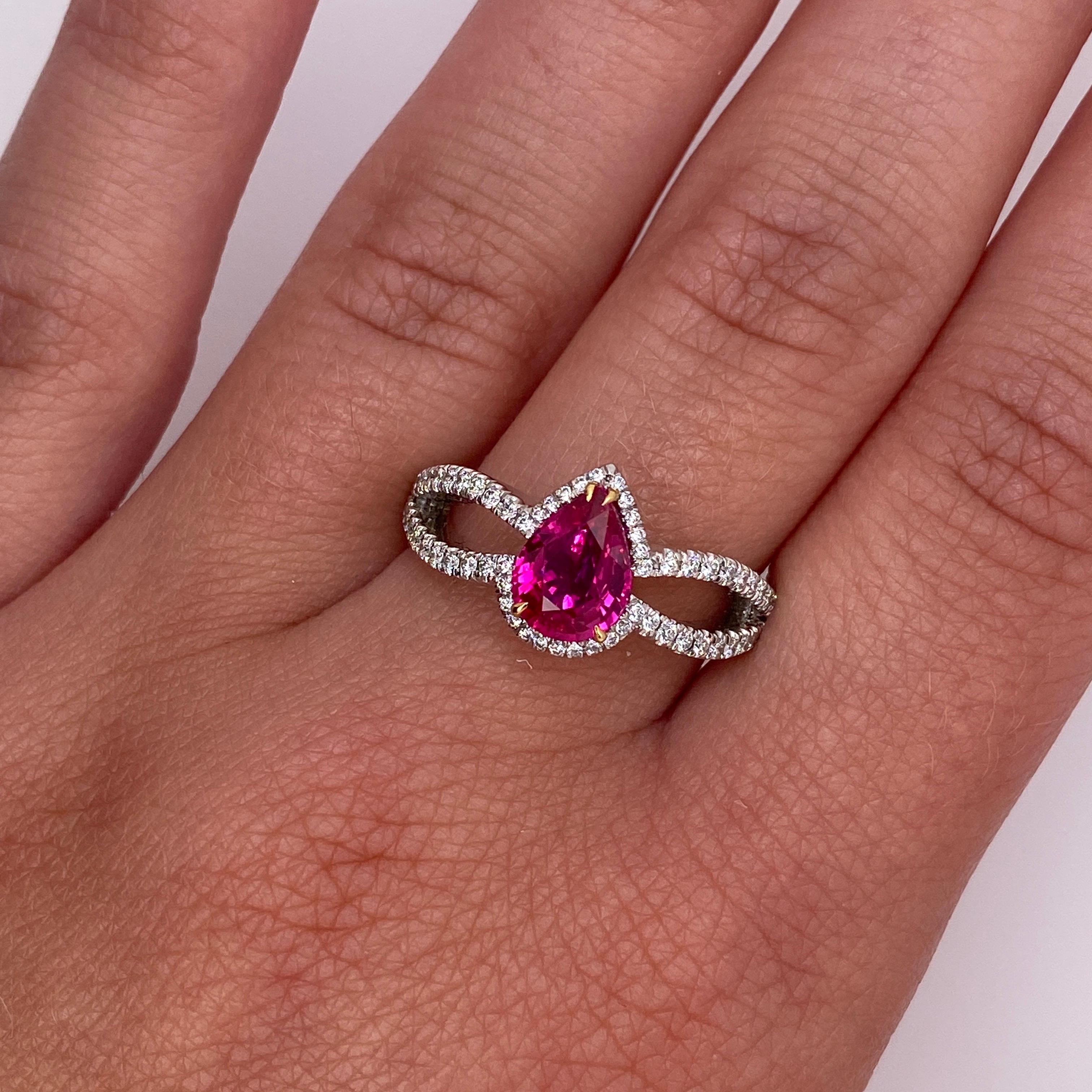 Contemporary 1.42 Carat Pear Shape Ruby and Diamond Platinum Ring For Sale