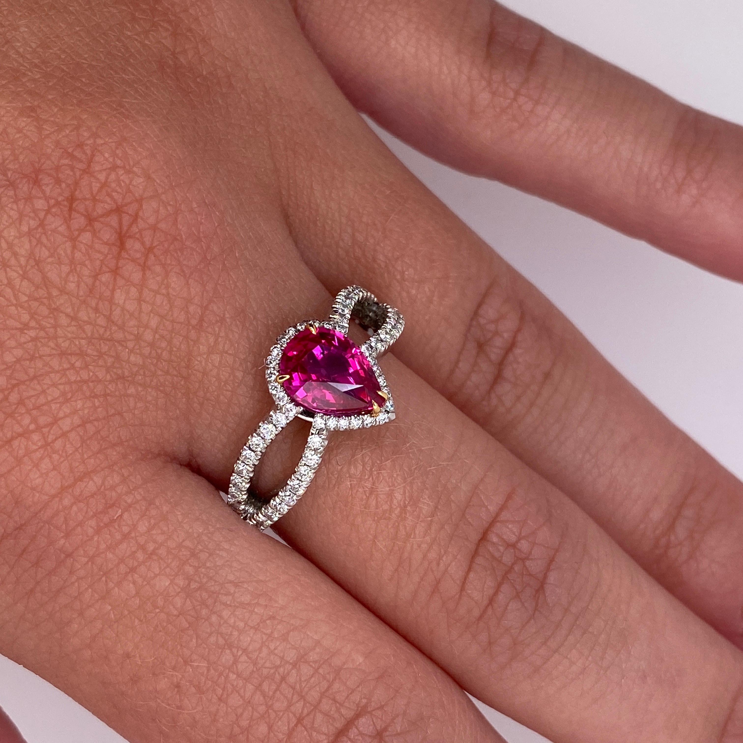 Pear Cut 1.42 Carat Pear Shape Ruby and Diamond Platinum Ring For Sale