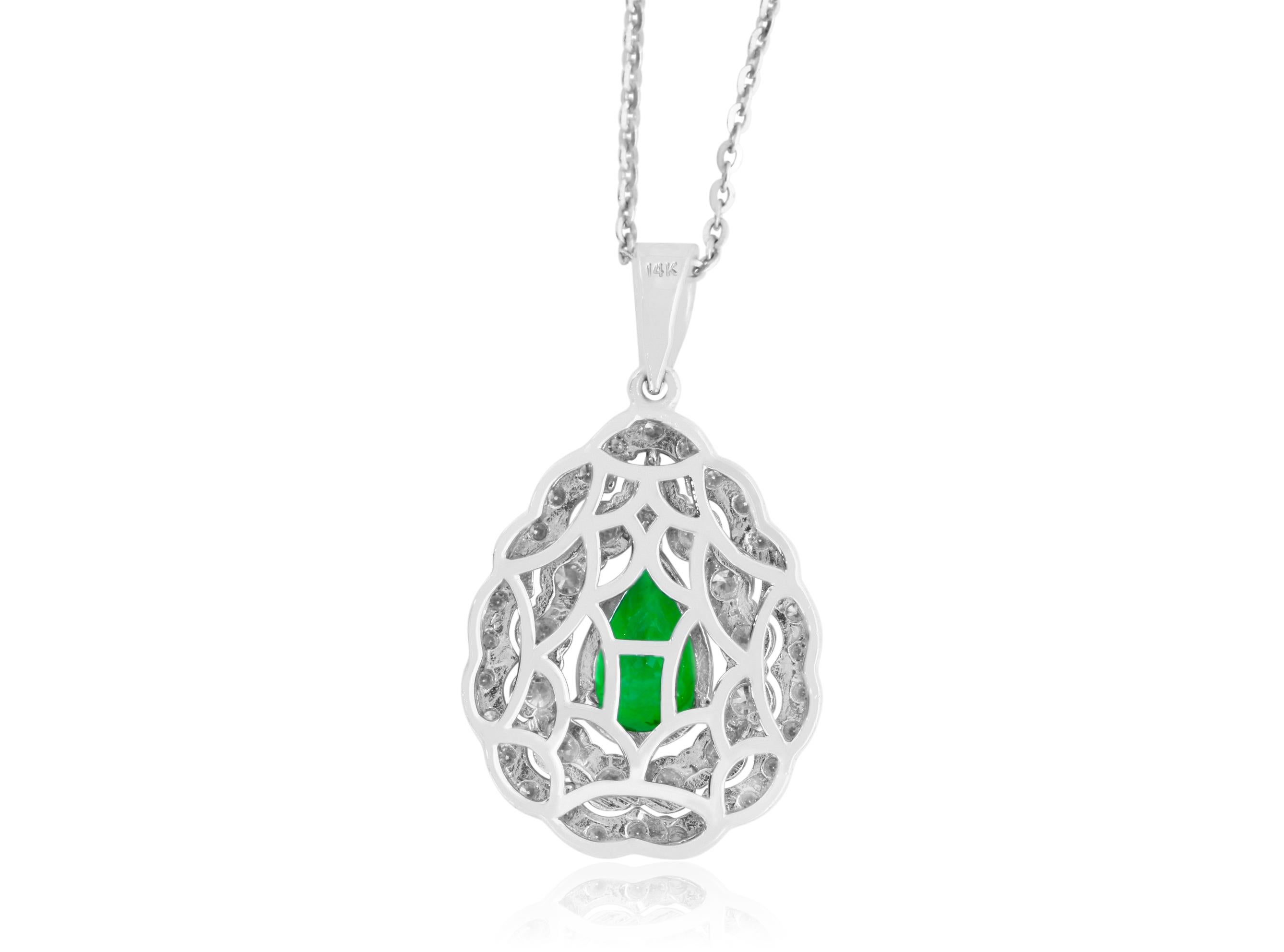 A beautiful and dainty piece, this pear shaped Tsavorite lights up any look. Encased with a burst of brilliant 0.89 Carat white diamonds, this pendant will become your go-to!

Material: 14k White Gold 
Main Stone Details: 1 Pear Shaped Tsavorite at