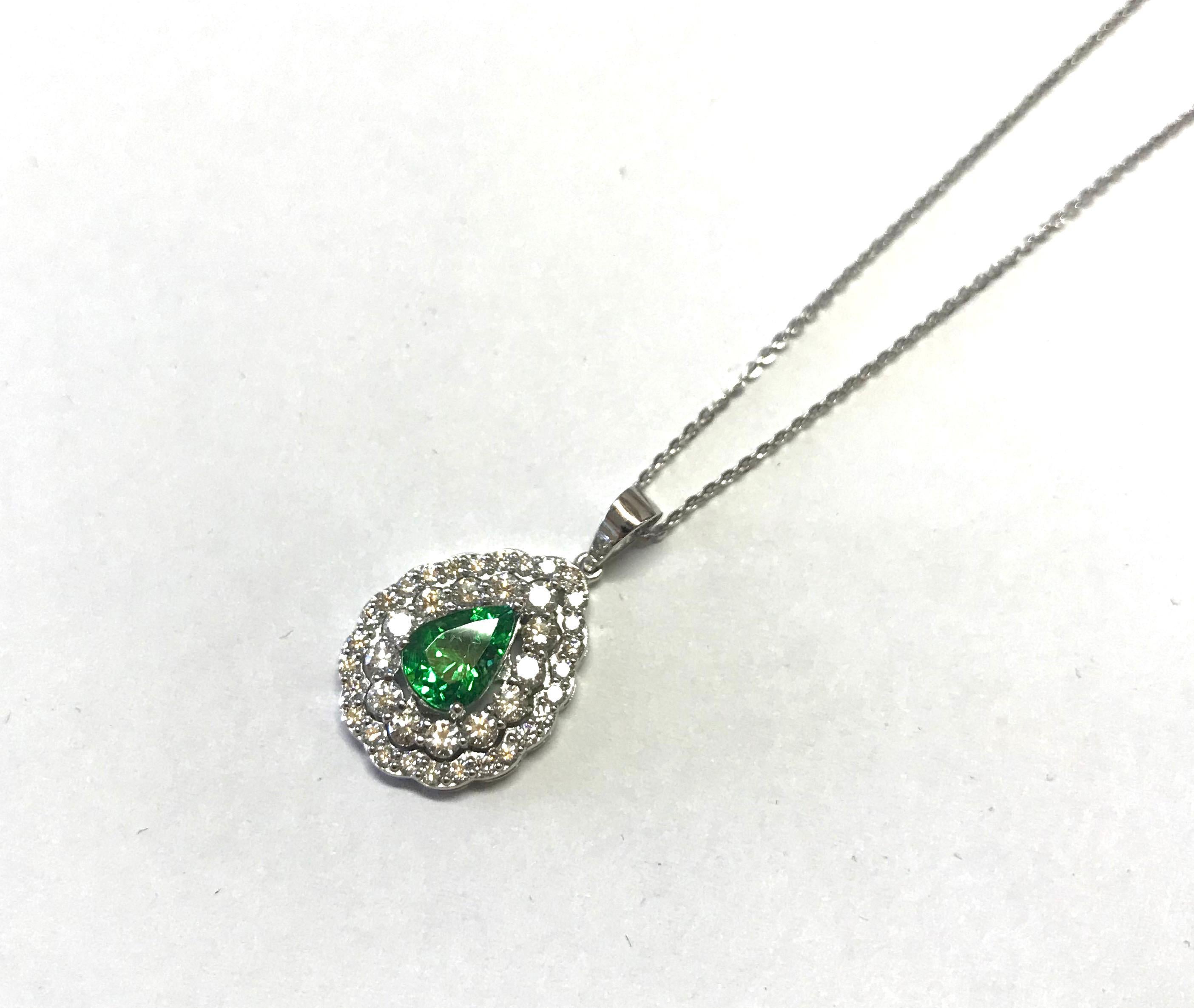 1.42 Carat Pear Tsavorite and Diamond Necklace In New Condition In GREAT NECK, NY