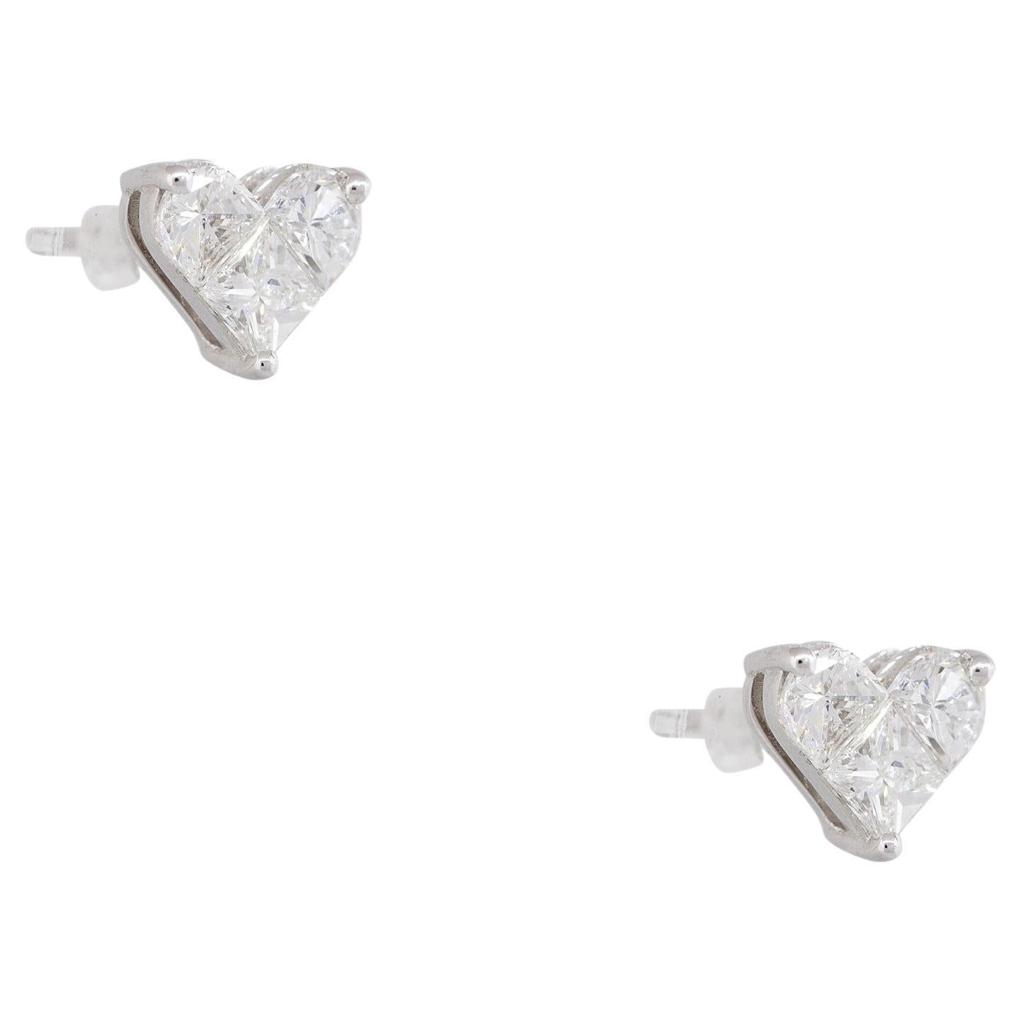 1.42 Carat Princess Cut Diamond Heart-Shaped Earrings 18 Karat In Stock  For Sale