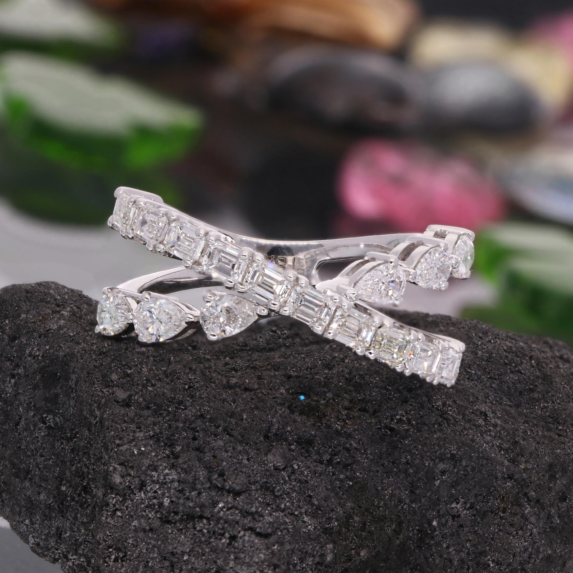 For Sale:  1.42 Carat SI/HI Pear Emerald Cut Diamond Criss Cross Ring 18 Karat White Gold 3