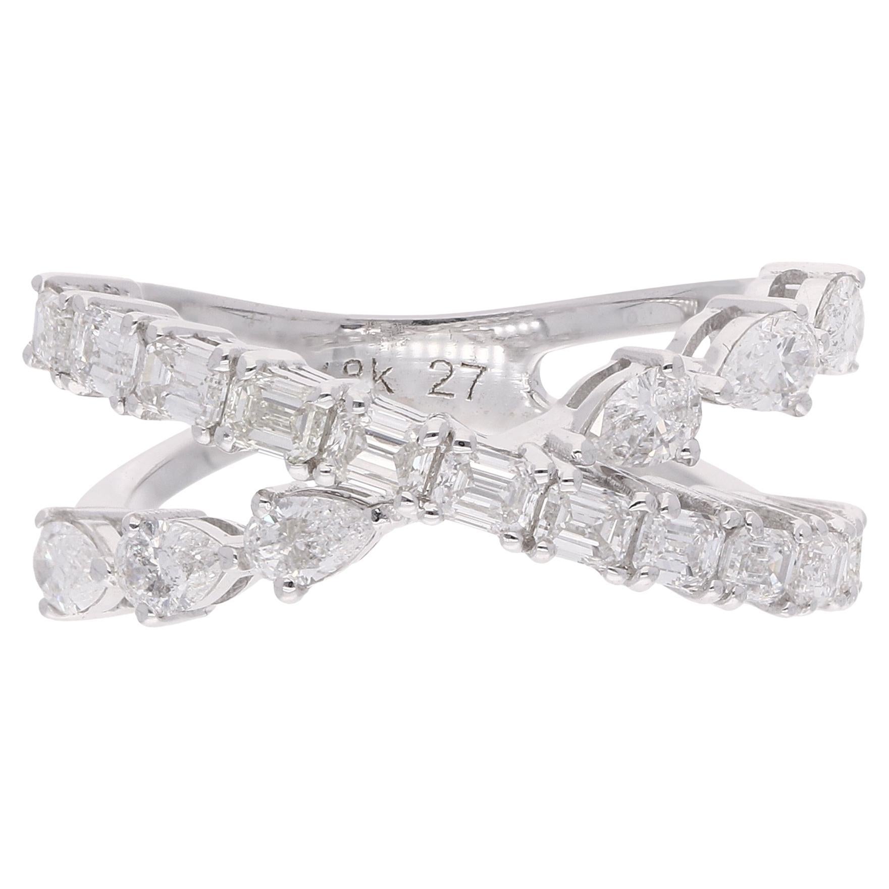 For Sale:  1.42 Carat SI/HI Pear Emerald Cut Diamond Criss Cross Ring 18 Karat White Gold