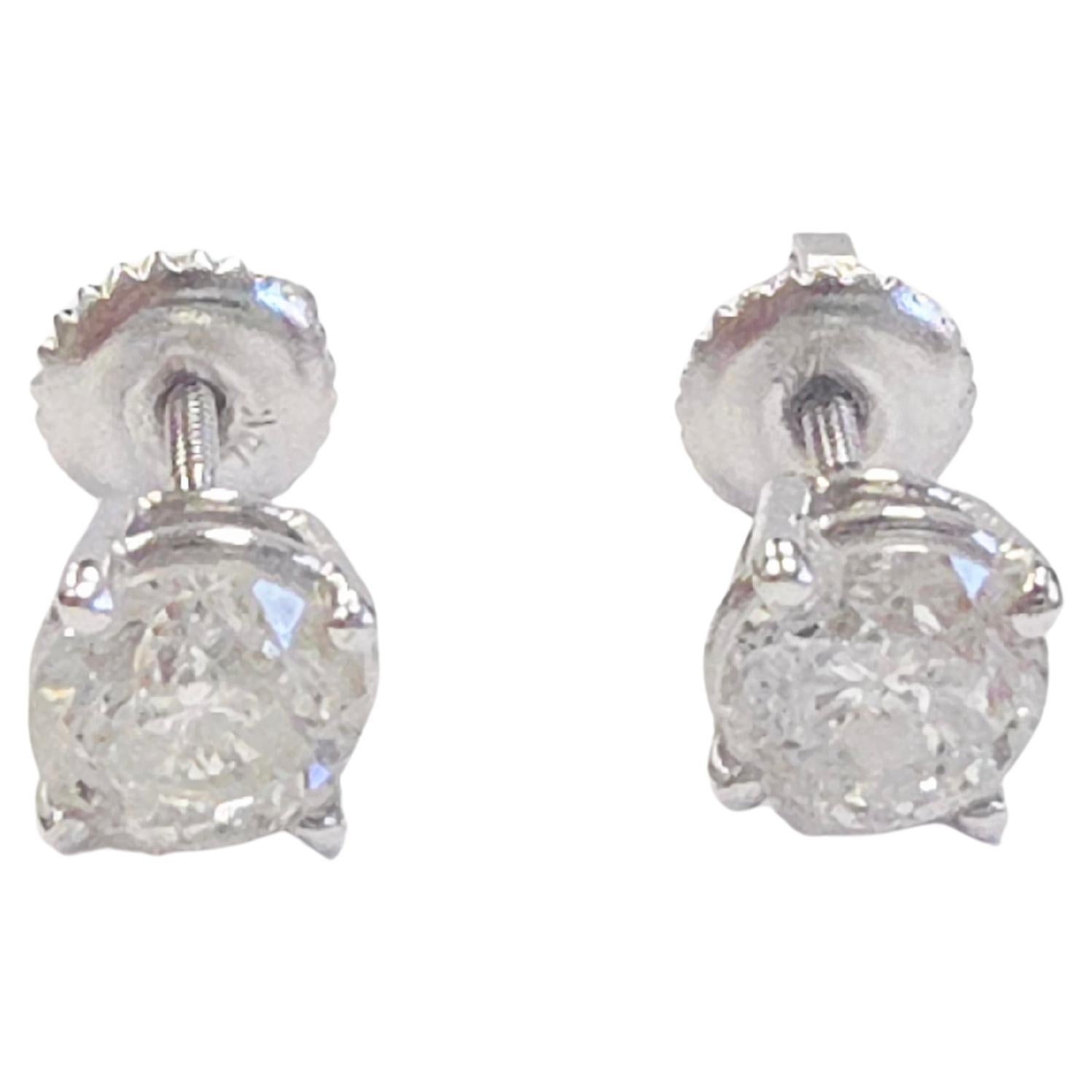 1.42 Carats Natural Diamond Round Shape Studs 14 Karat White Gold
