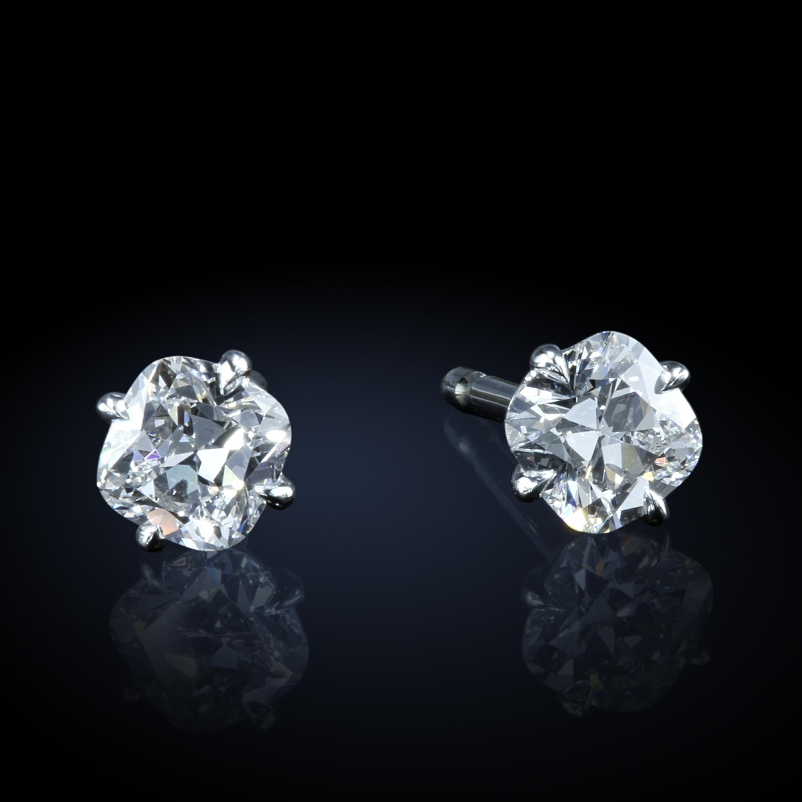 Cushion Cut 1.42 Carats Total Weight Antique Cushion Diamond Custom Made Platinum Studs