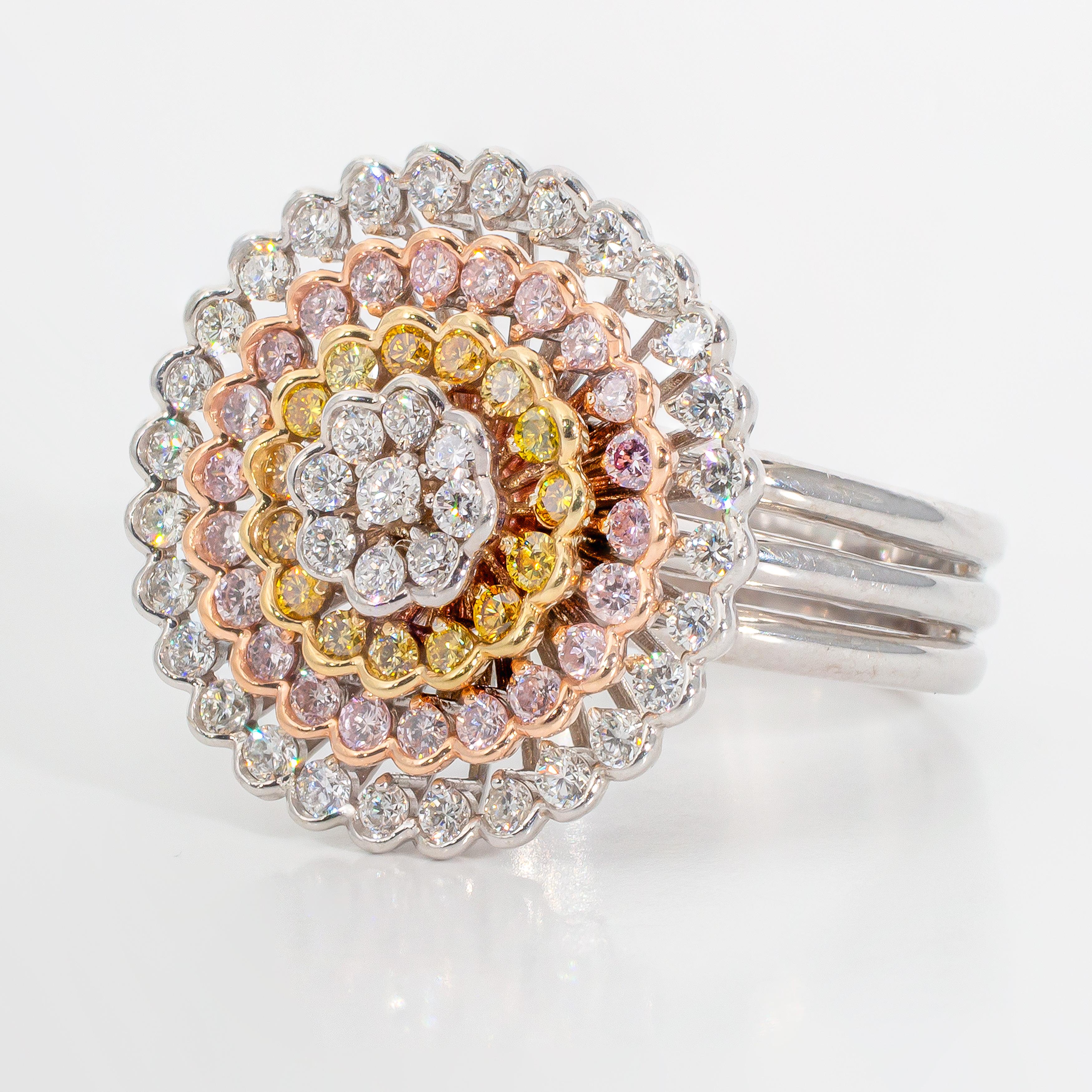 1.42 Carat Total Weight Natural Pink, Yellow, and White Diamond Ring For Sale 1