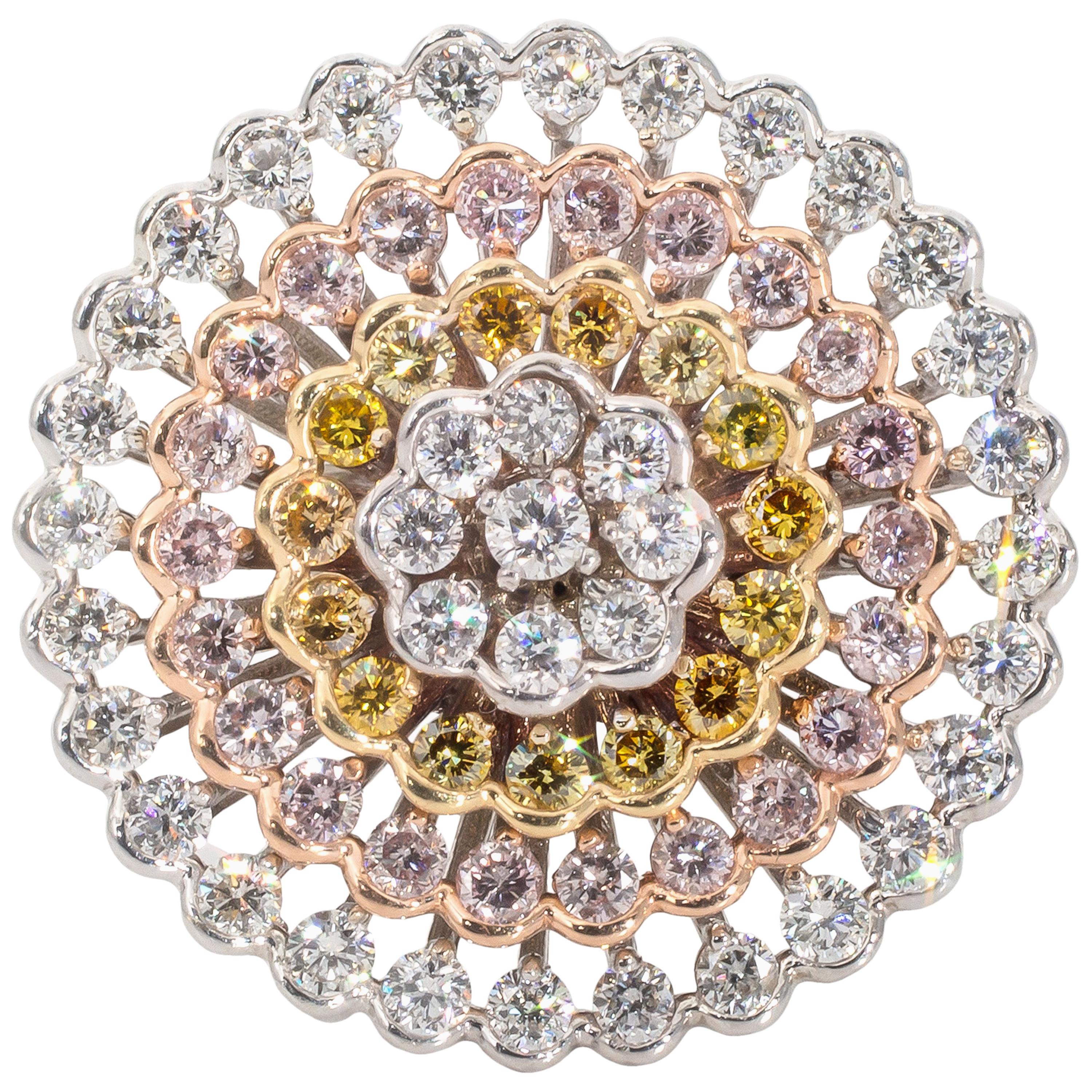 1.42 Carat Total Weight Natural Pink, Yellow, and White Diamond Ring For Sale