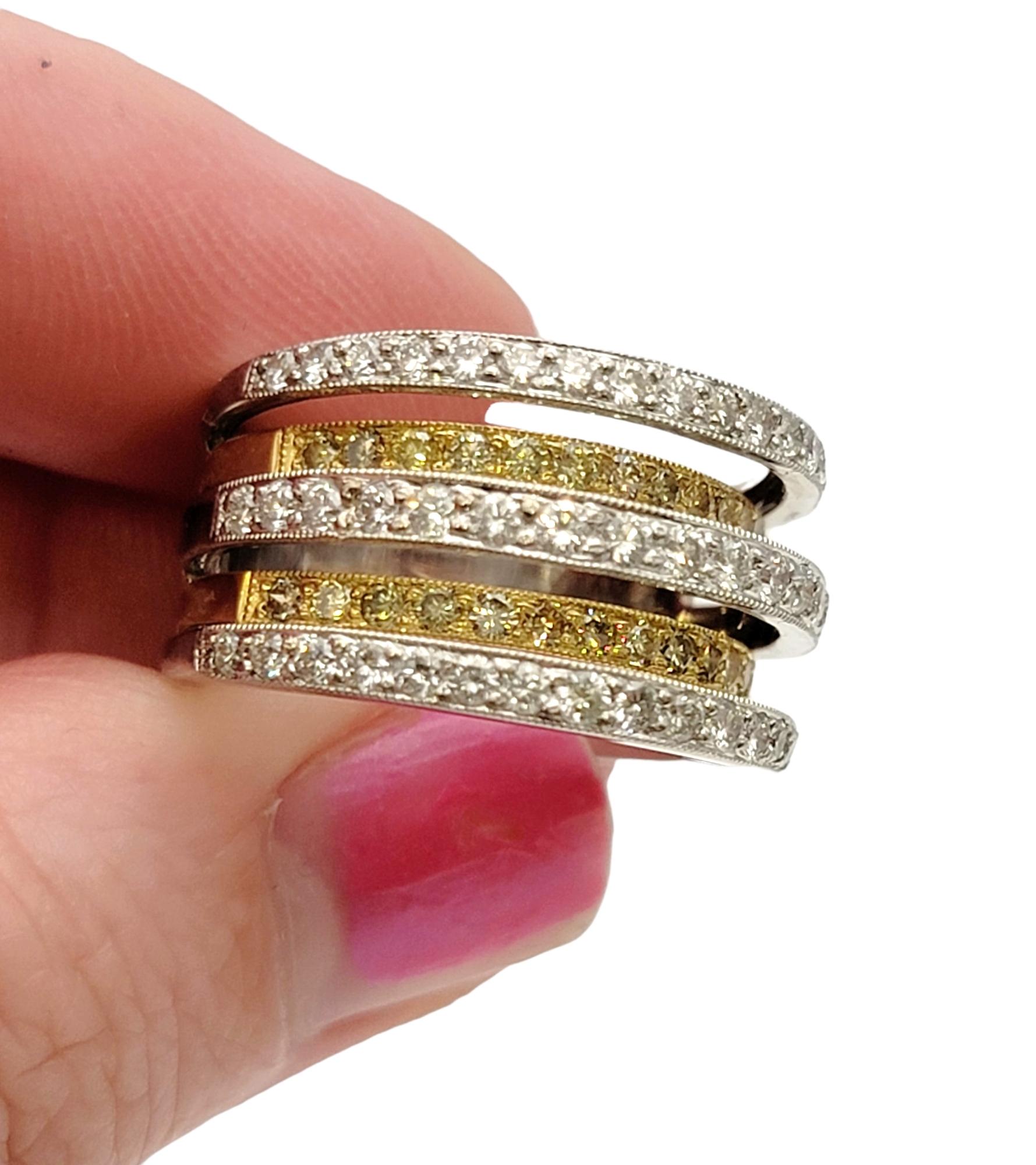 1.42 Carats Total White and Yellow Gold Multi-Row Round Diamond Band Ring For Sale 5