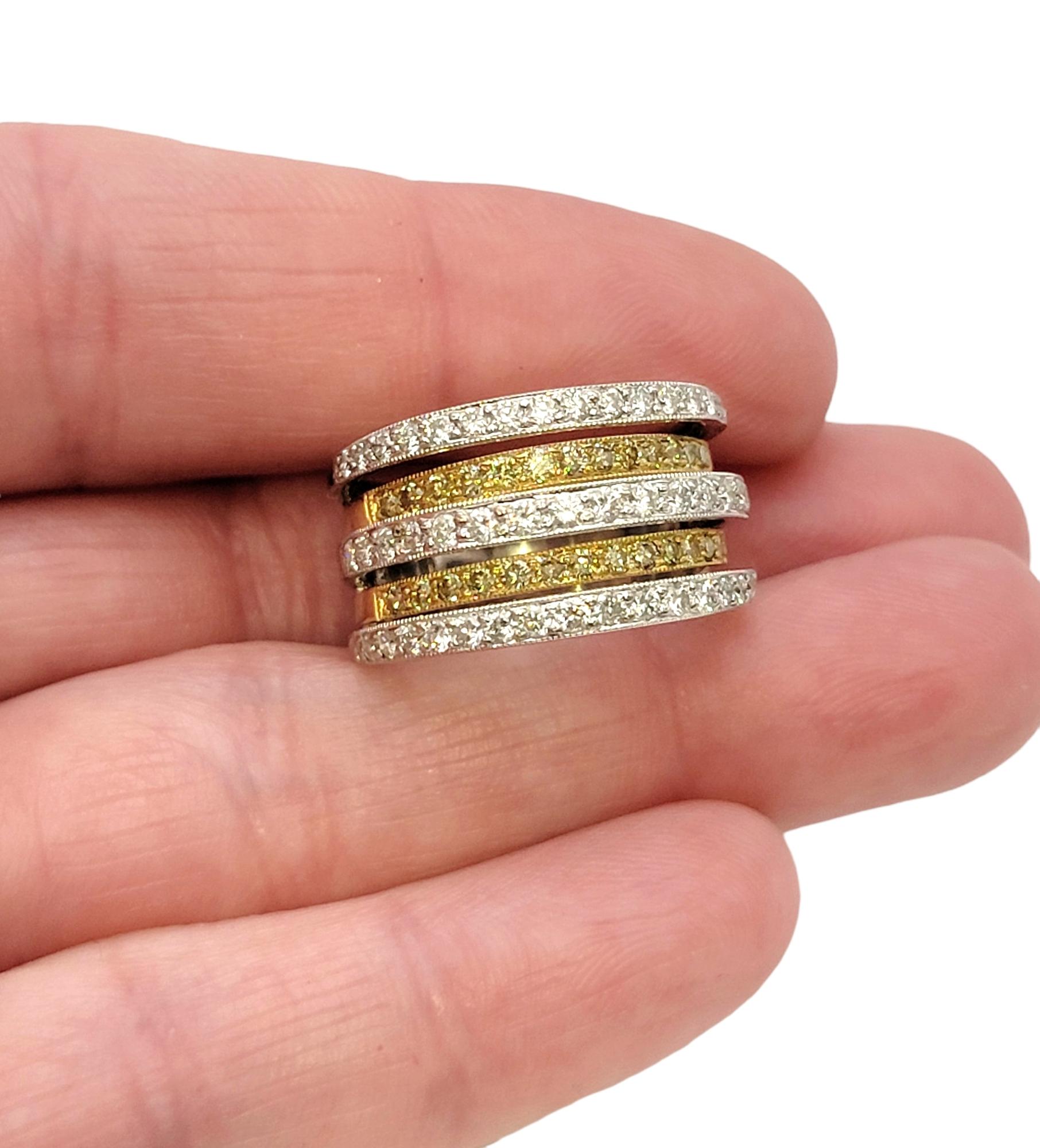 1.42 Carats Total White and Yellow Gold Multi-Row Round Diamond Band Ring For Sale 6