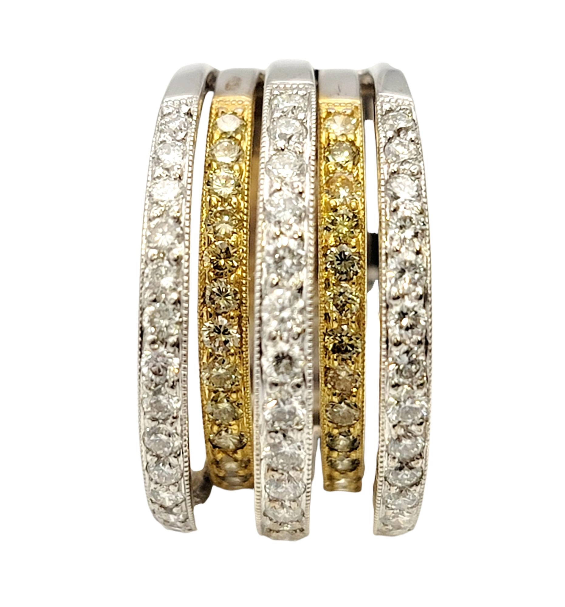 Contemporary 1.42 Carats Total White and Yellow Gold Multi-Row Round Diamond Band Ring For Sale