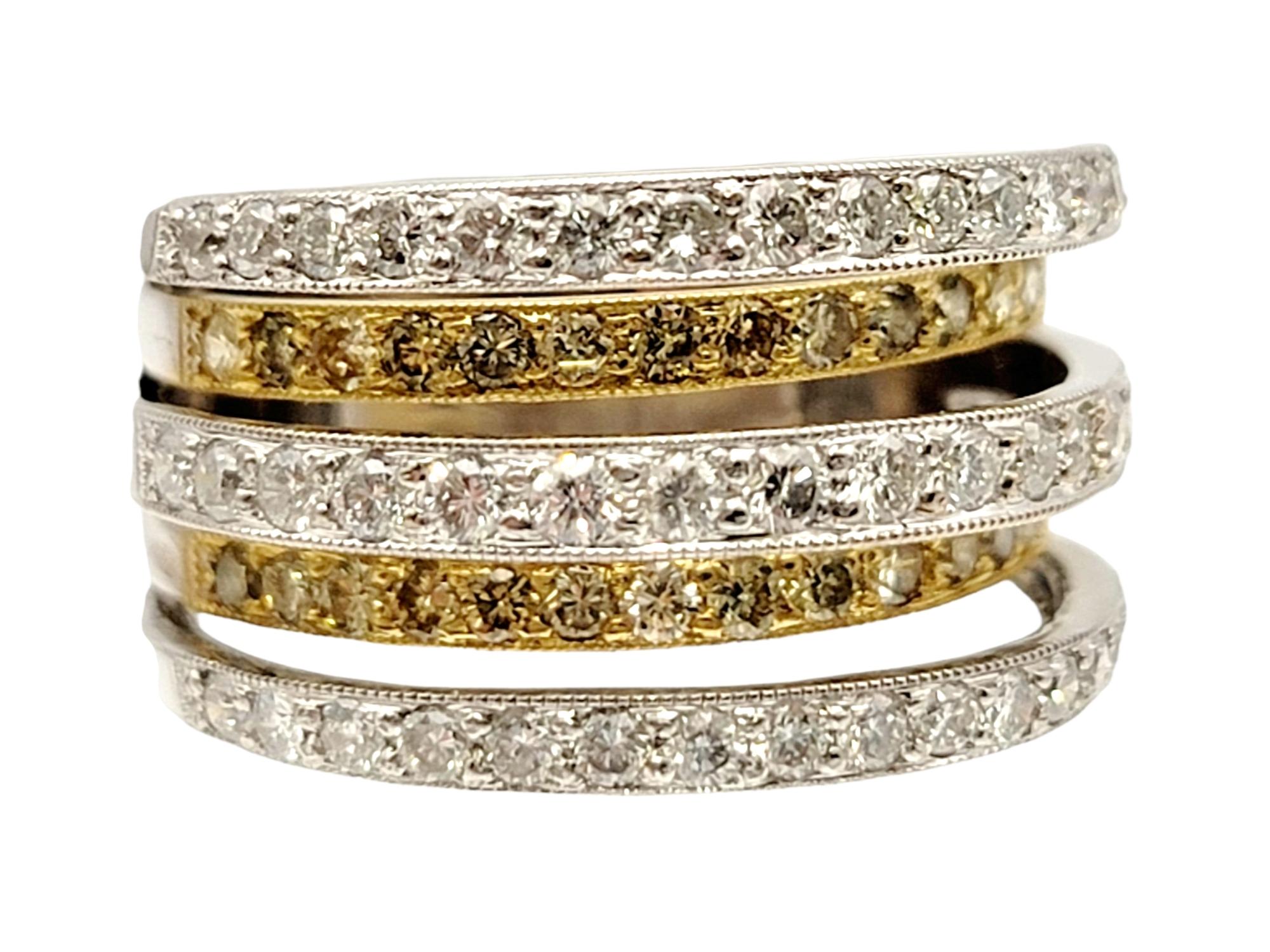 Round Cut 1.42 Carats Total White and Yellow Gold Multi-Row Round Diamond Band Ring For Sale