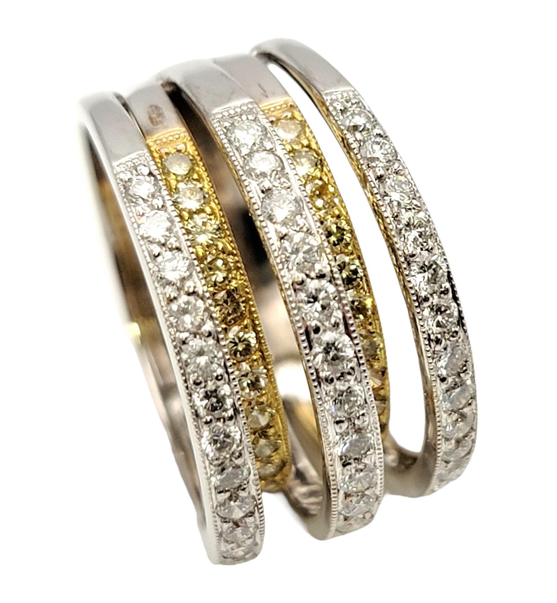 1.42 Carats Total White and Yellow Gold Multi-Row Round Diamond Band Ring In Good Condition For Sale In Scottsdale, AZ