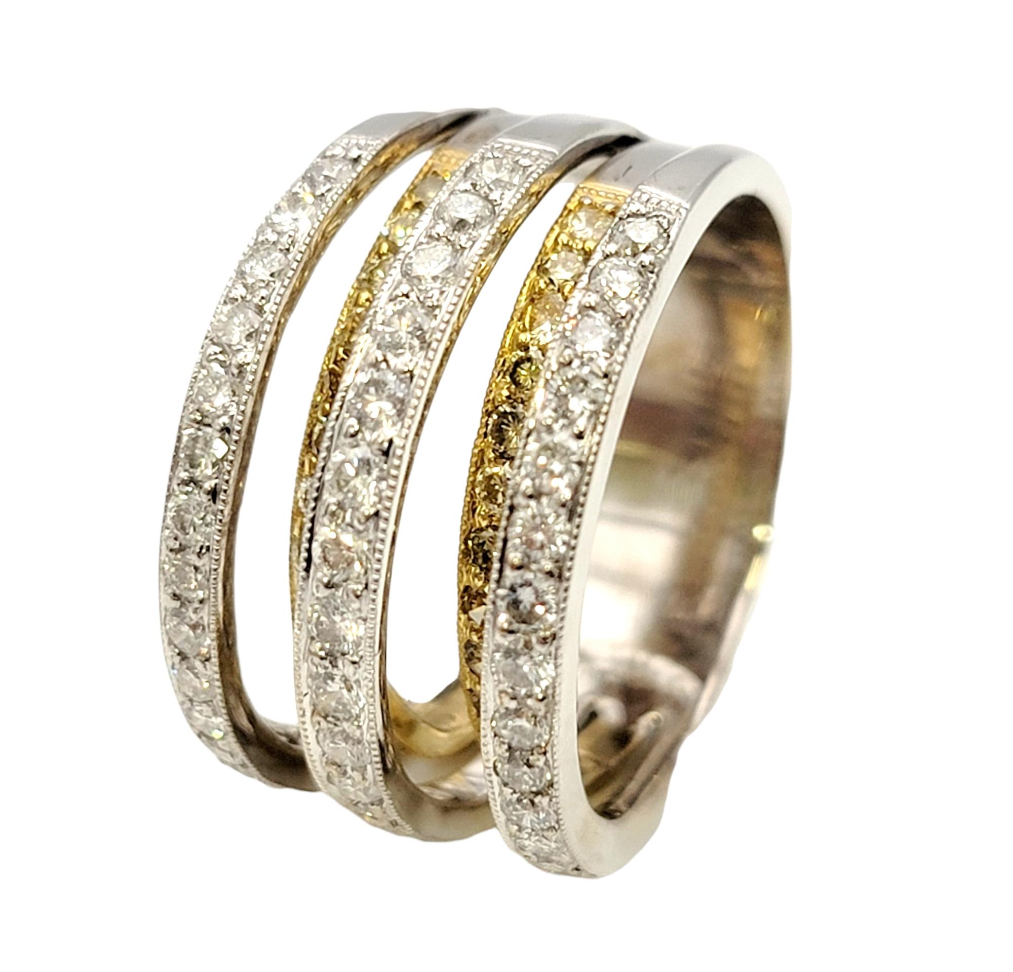Women's 1.42 Carats Total White and Yellow Gold Multi-Row Round Diamond Band Ring For Sale