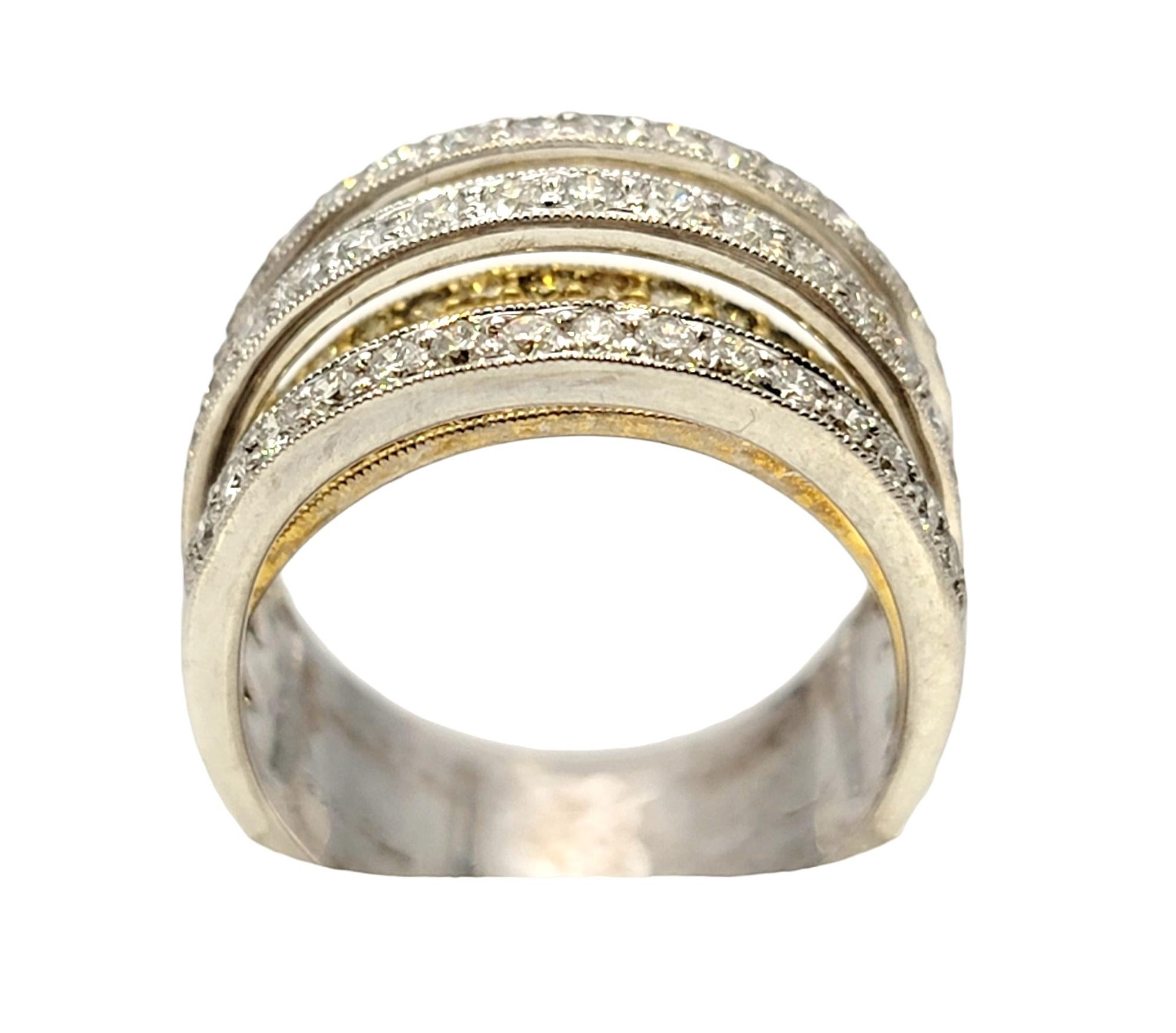 1.42 Carats Total White and Yellow Gold Multi-Row Round Diamond Band Ring For Sale 3