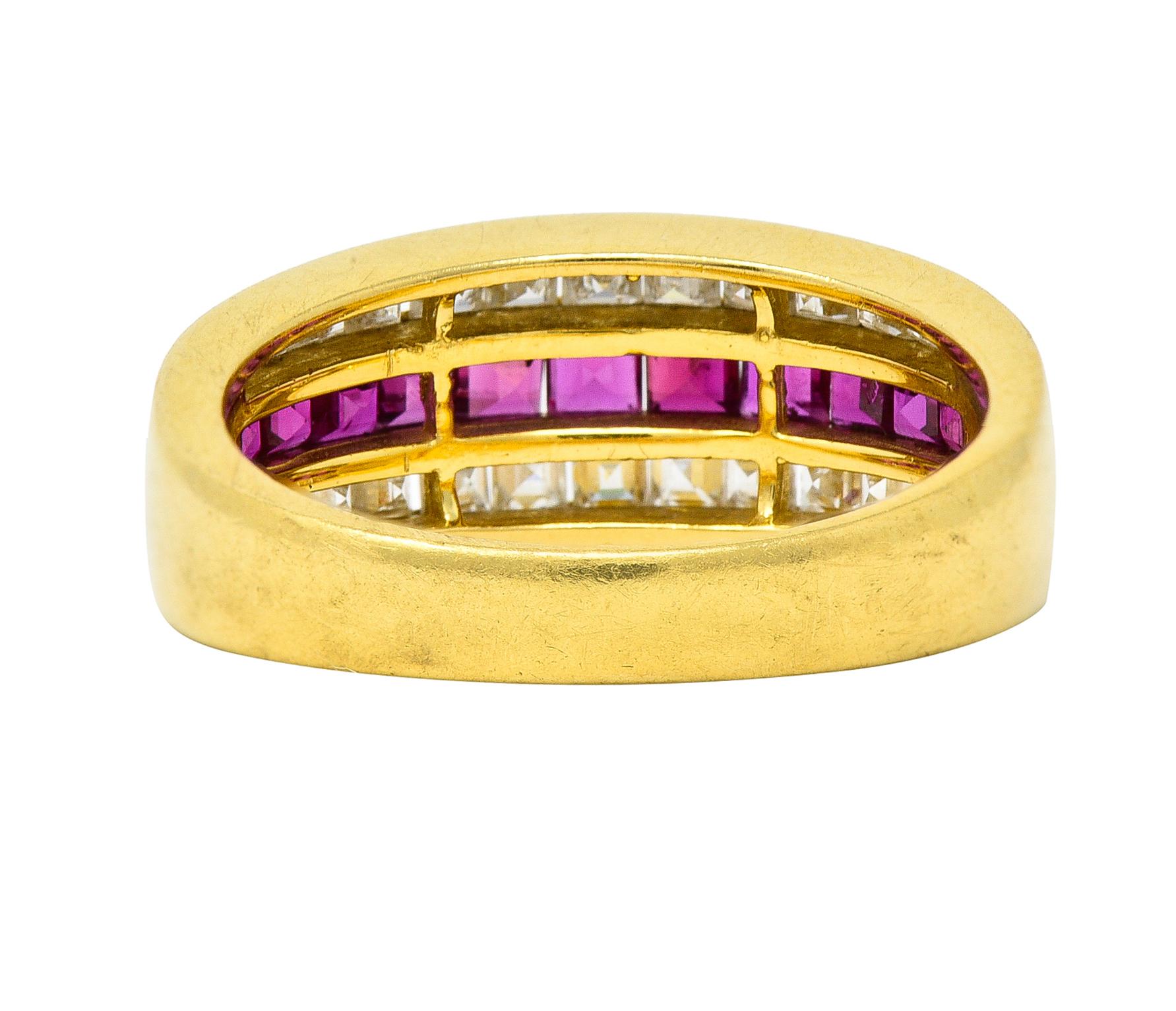 1.42 CTW Square Step-Cut Diamond Ruby 18 Karat Yellow Gold Vintage Channel Band In Excellent Condition For Sale In Philadelphia, PA